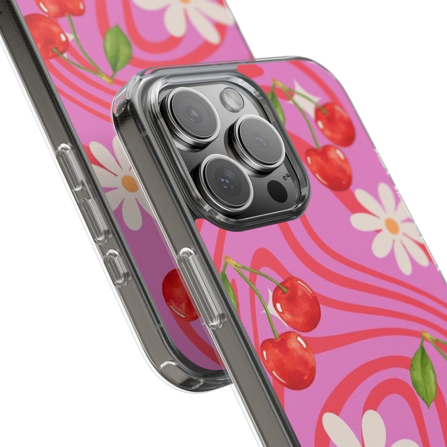 Clear Impact Phone Case — Retro Cherry & Daisy Floral Design
