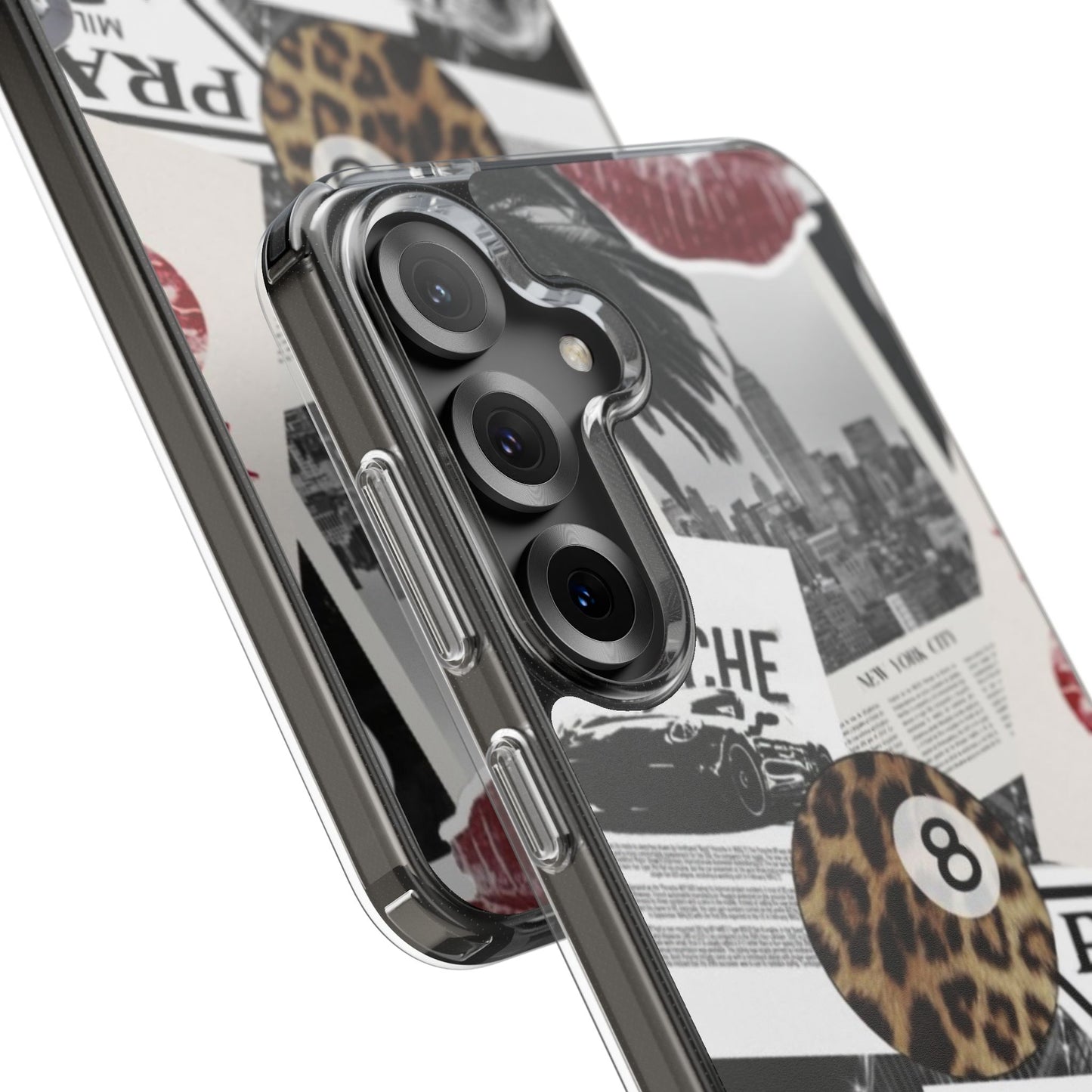 Clear Impact-Resistant Phone Case — Collage Luxury Leopard & Vintage Car Design