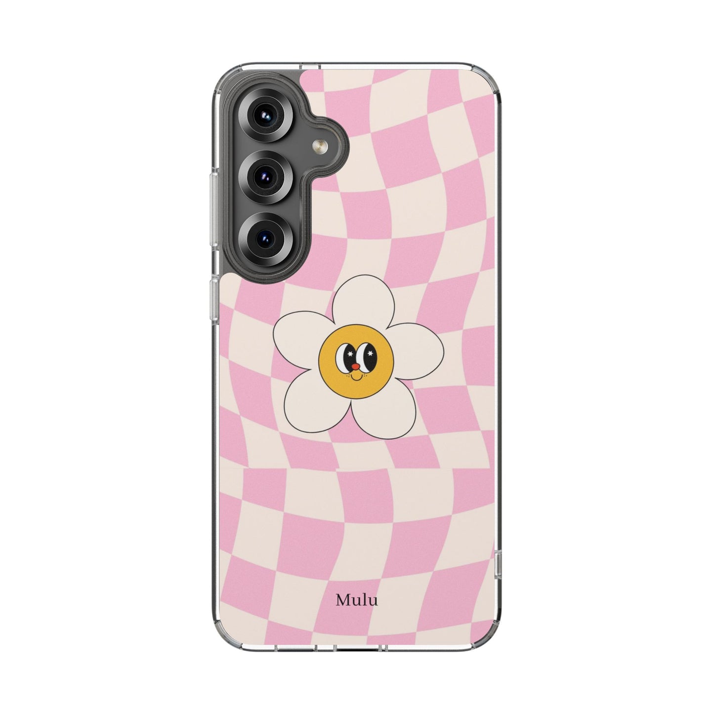 Clear Impact-Resistant Phone Case — Pink Checkerboard Daisy Design
