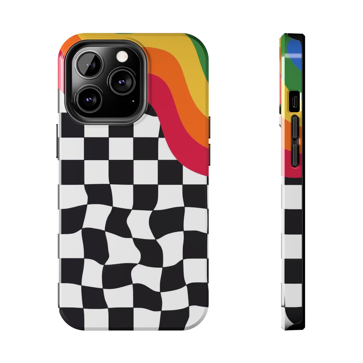 Retro Wavy Checkerboard Tough Phone Case — Rainbow Surf Skate Design