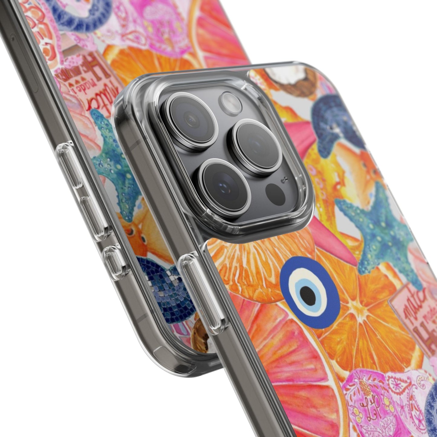 Clear Impact-Resistant Phone Case — Colorful Tropical Collage Design