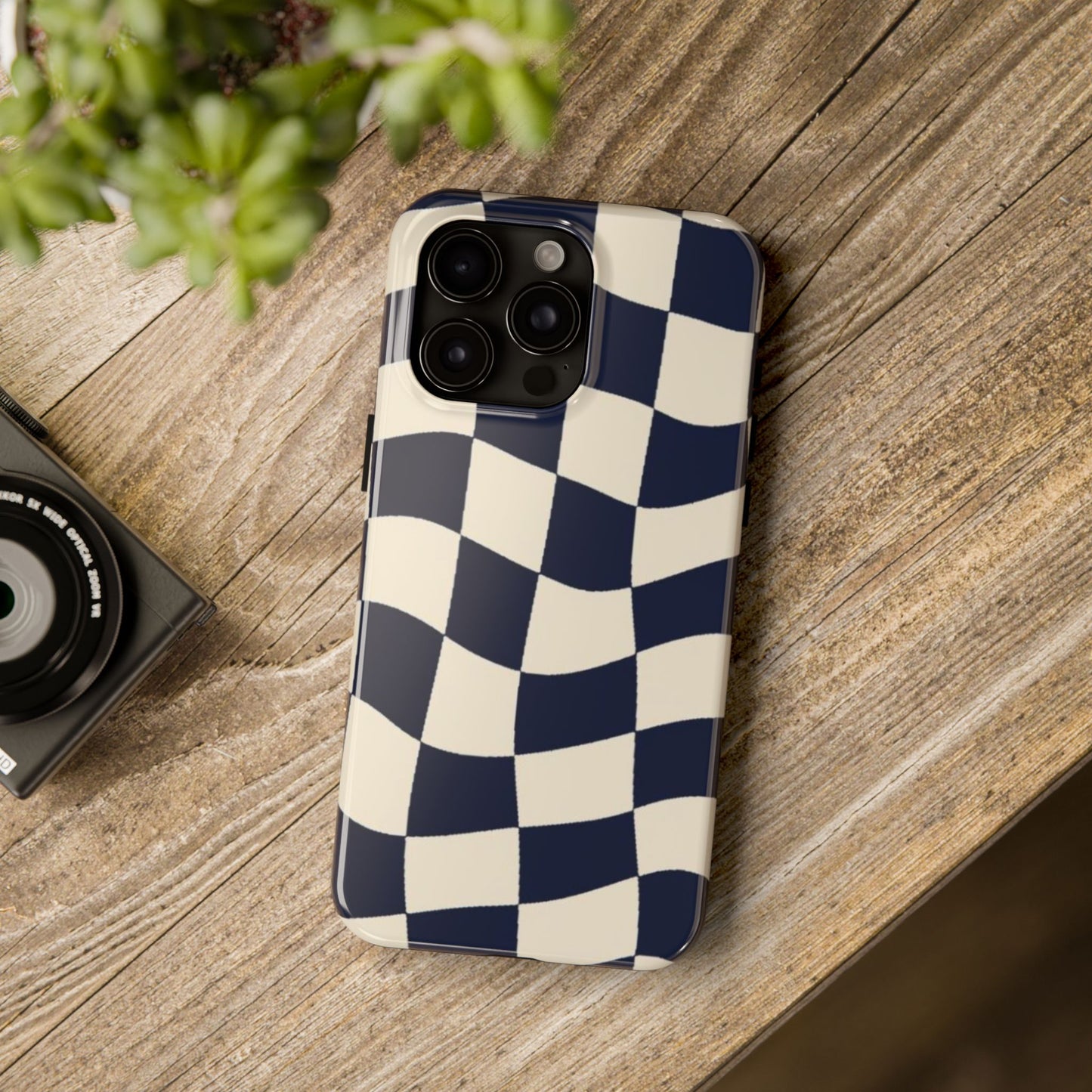 Wavy Checkerboard Tough Phone Case — Navy & Cream Protective Cover
