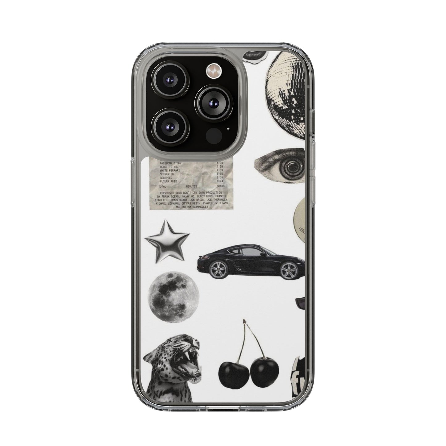 Clear Phone Case — Vintage Collage Stickers (Moon, Eye, Car, Cherries)