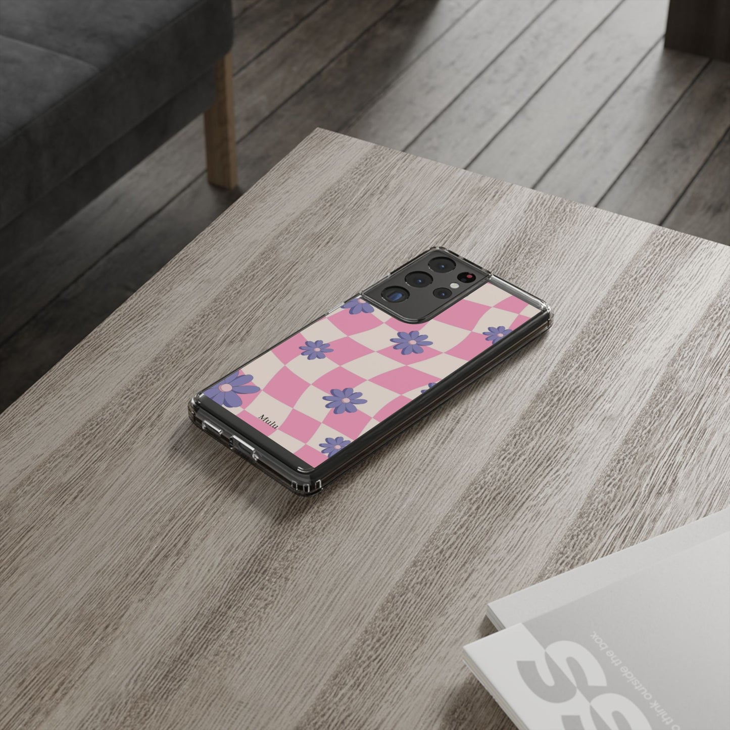 Clear Impact Phone Case — Pink Checkerboard with Purple Flowers