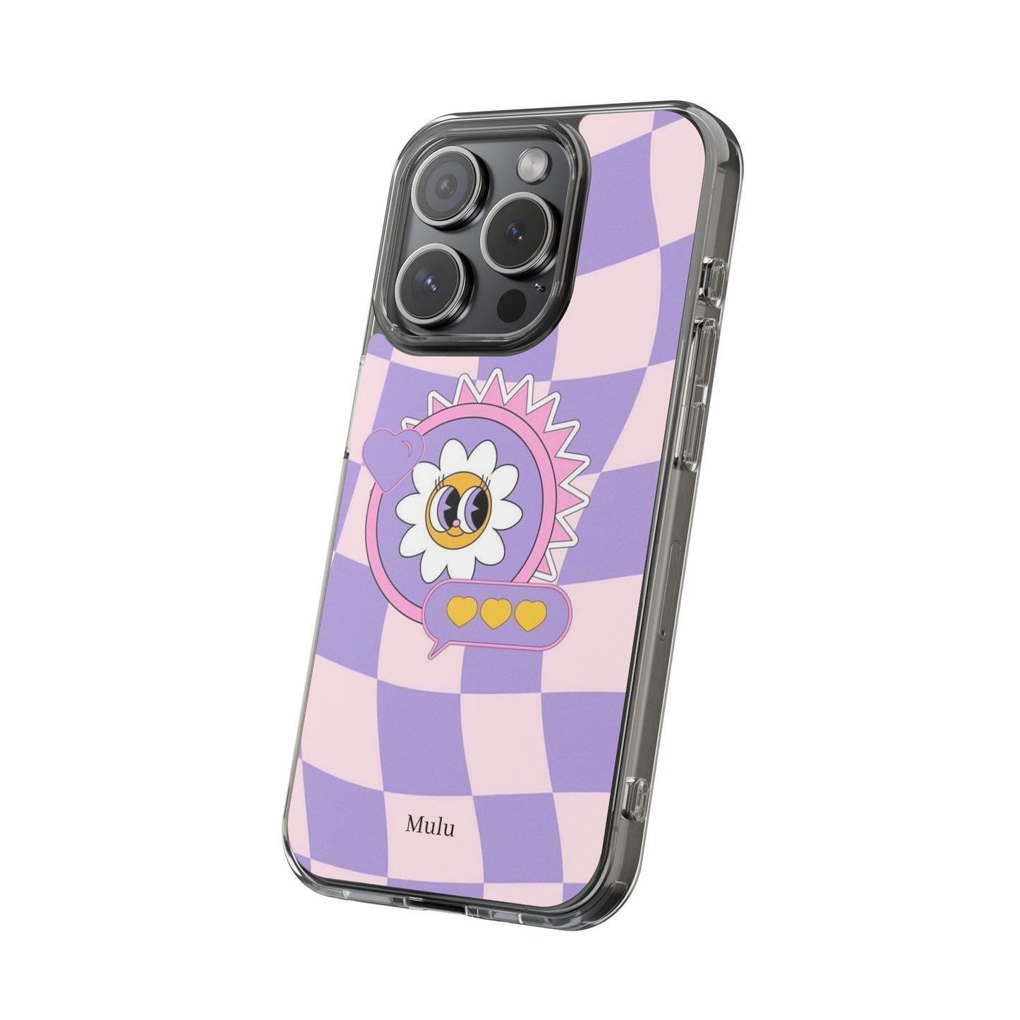 Clear Impact-Resistant Case — Cute Purple Checkerboard Dino with 'Mulu'