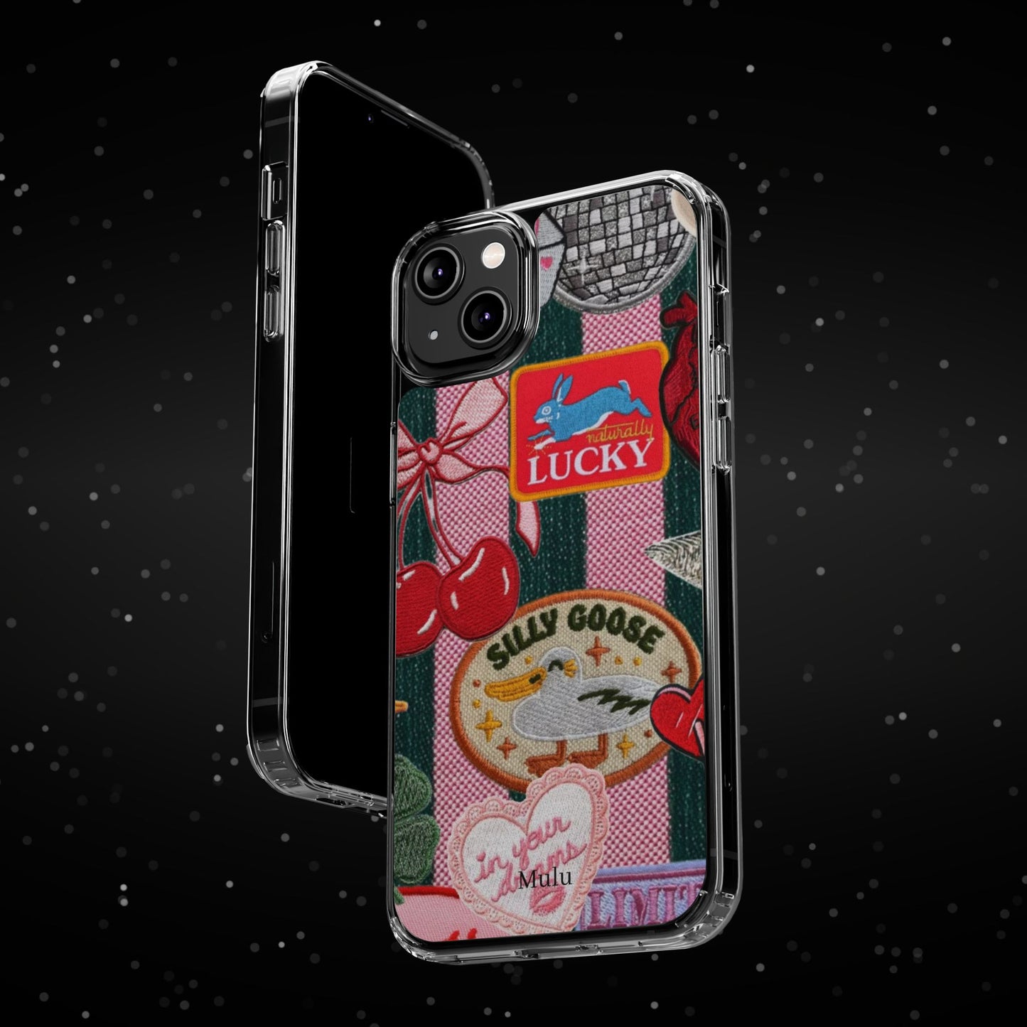 Clear Impact-Resistant Phone Case — Retro Patchwork Stickers (Lucky, Cherries, Silly Goose)