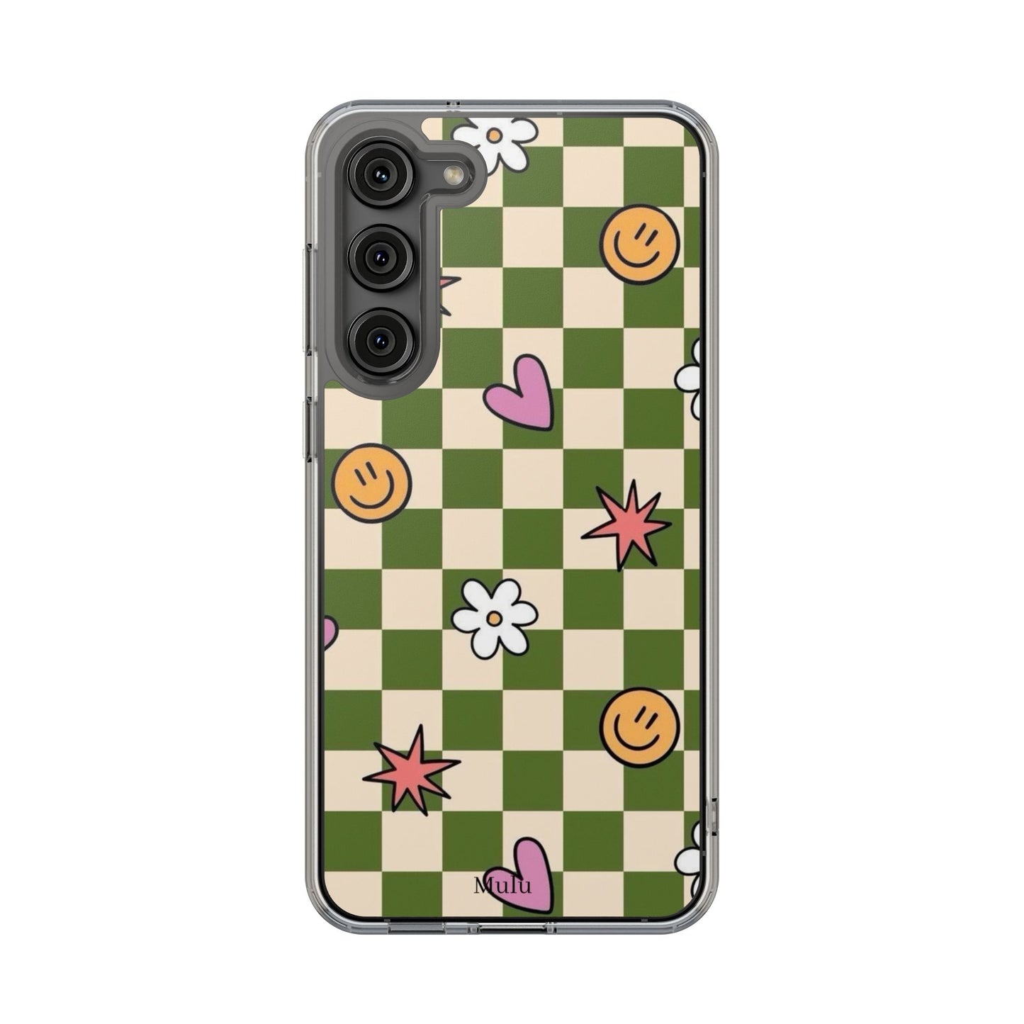 Clear Impact-Resistant Case — Retro Green Checkerboard with Smiley, Hearts & Flowers