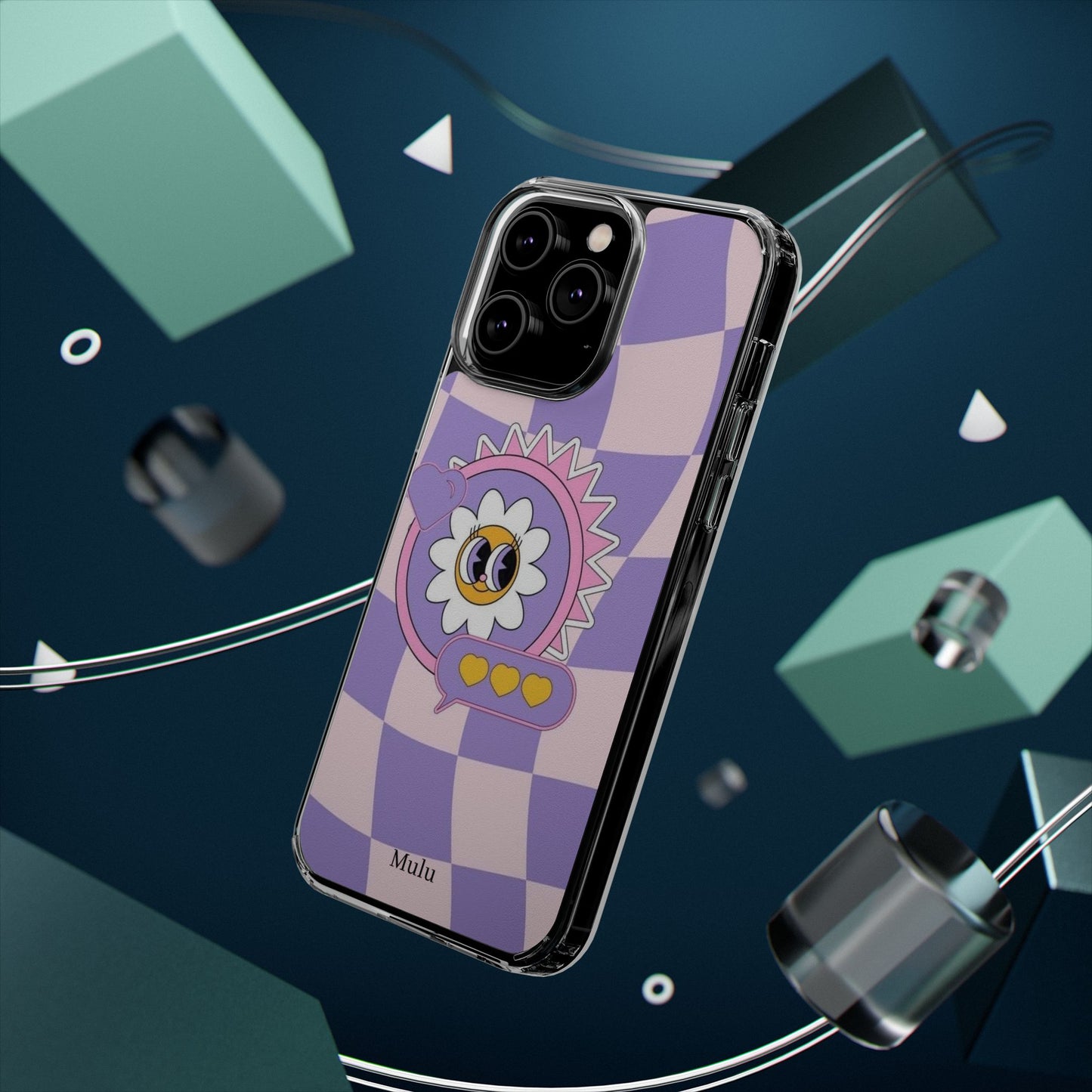 Clear Impact-Resistant Case — Cute Purple Checkerboard Dino with 'Mulu'