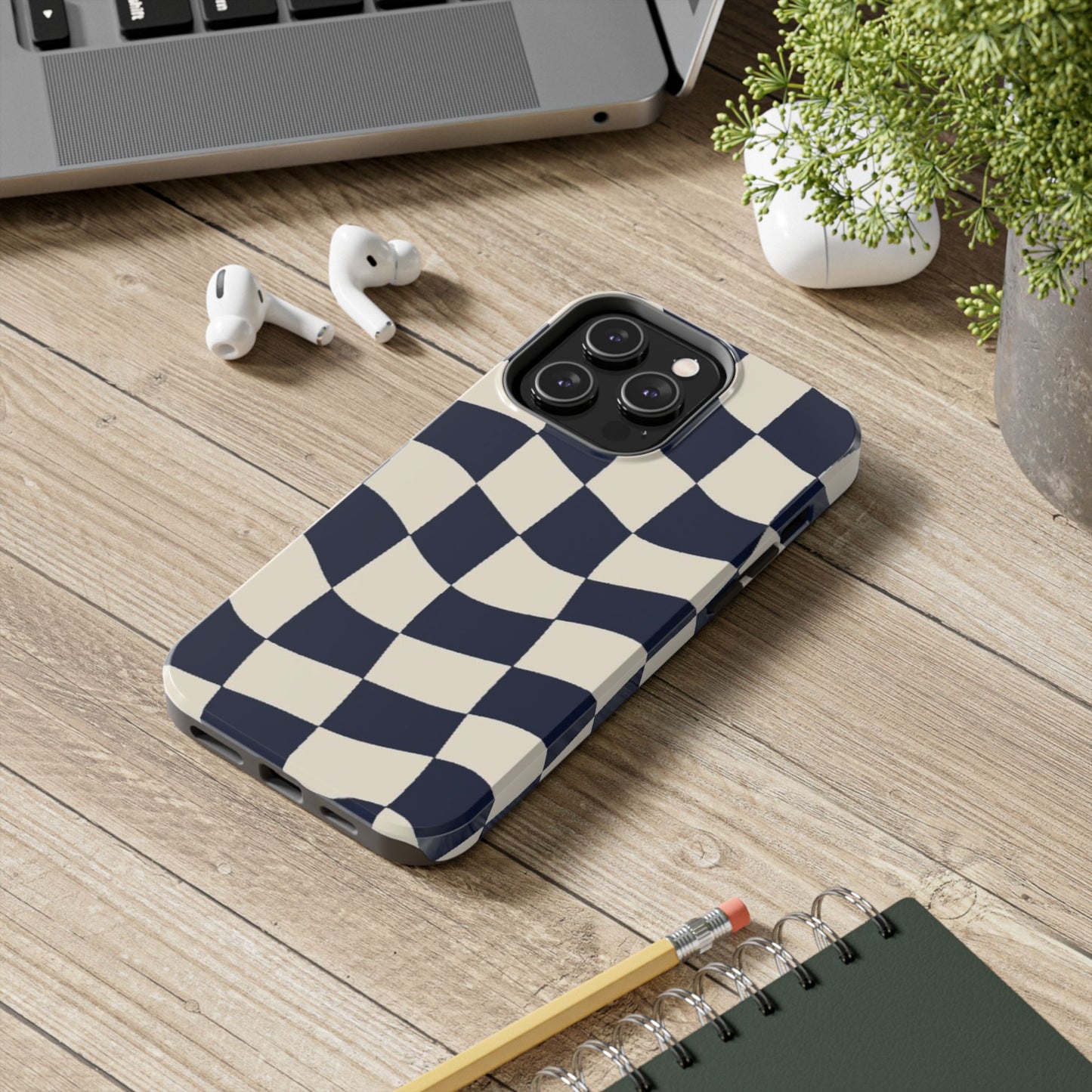 Wavy Checkerboard Tough Phone Case — Navy & Cream Protective Cover