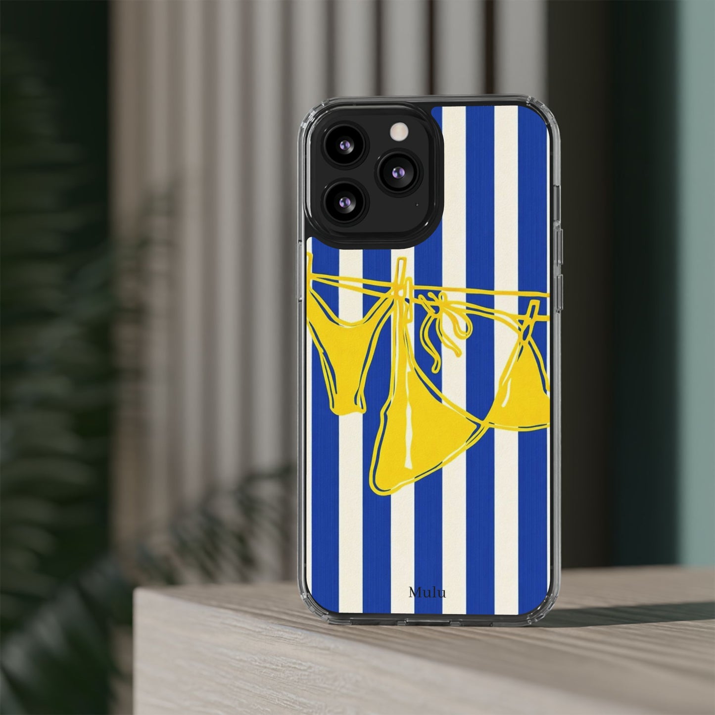 Striped Beach Bikini Phone Case — Yellow Swimwear on Blue & White Stripes, Clear Impact-Resistant