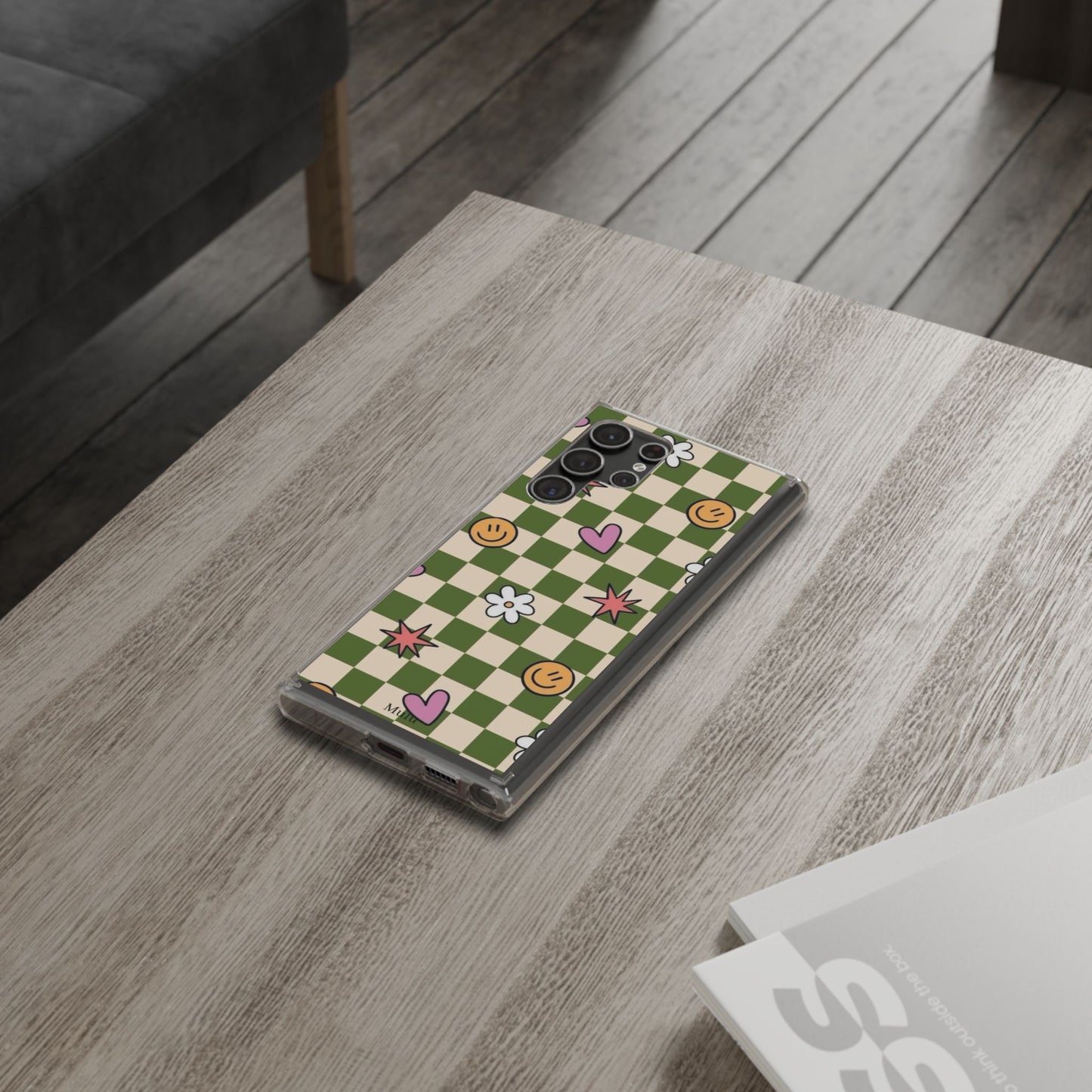 Clear Impact-Resistant Case — Retro Green Checkerboard with Smiley, Hearts & Flowers