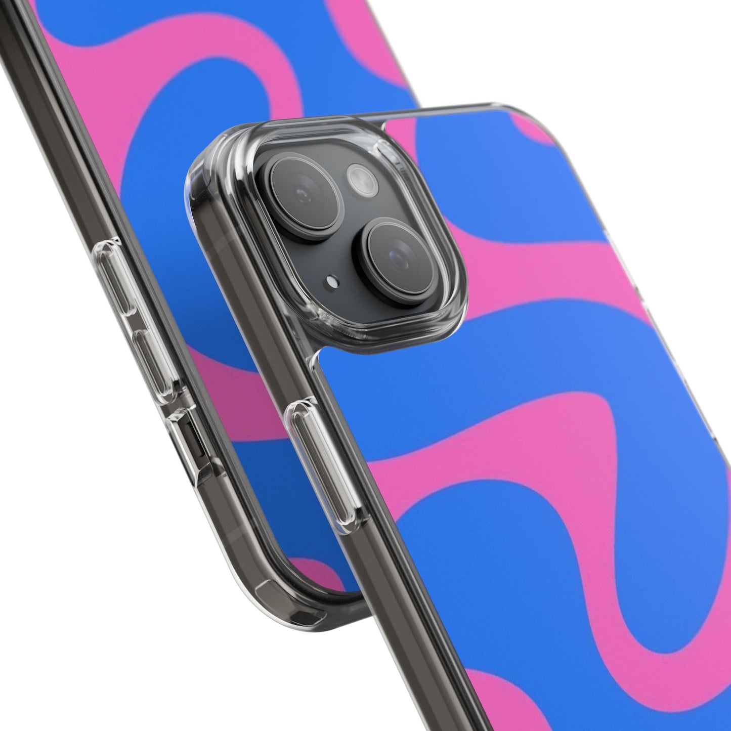 Clear Impact-Resistant Phone Case — Retro Blue & Pink Abstract Swirl