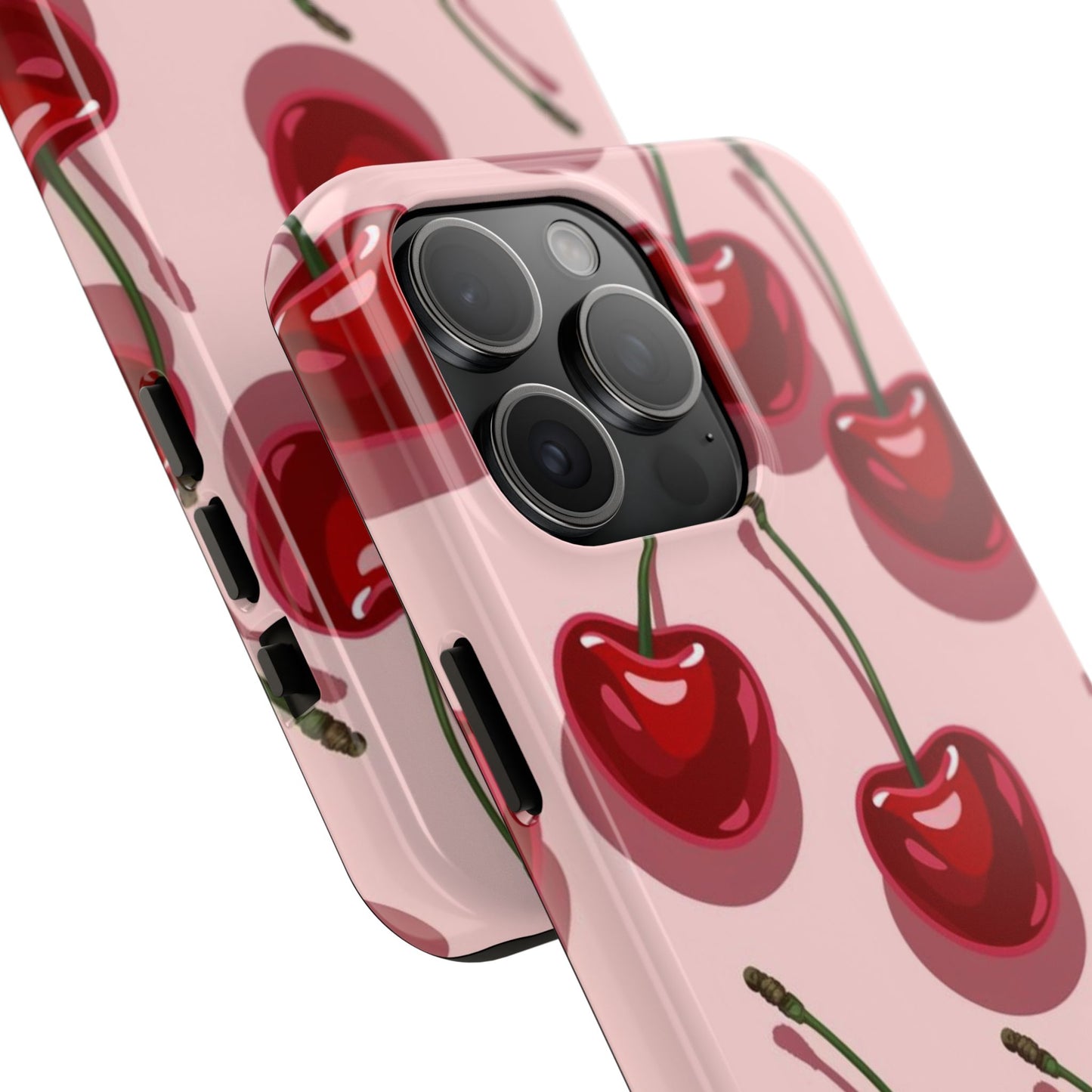 Cherry Pattern Tough Phone Case — Retro Pink Cherry Print Protective Phone Case