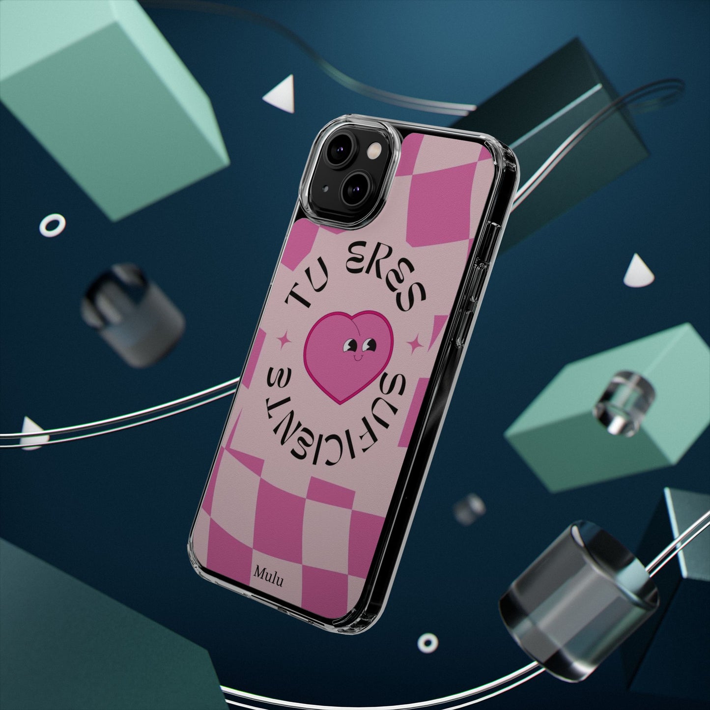 Clear Impact-Resistant Phone Case — Pink Checkerheart “Tu Eres Suficiente” Design