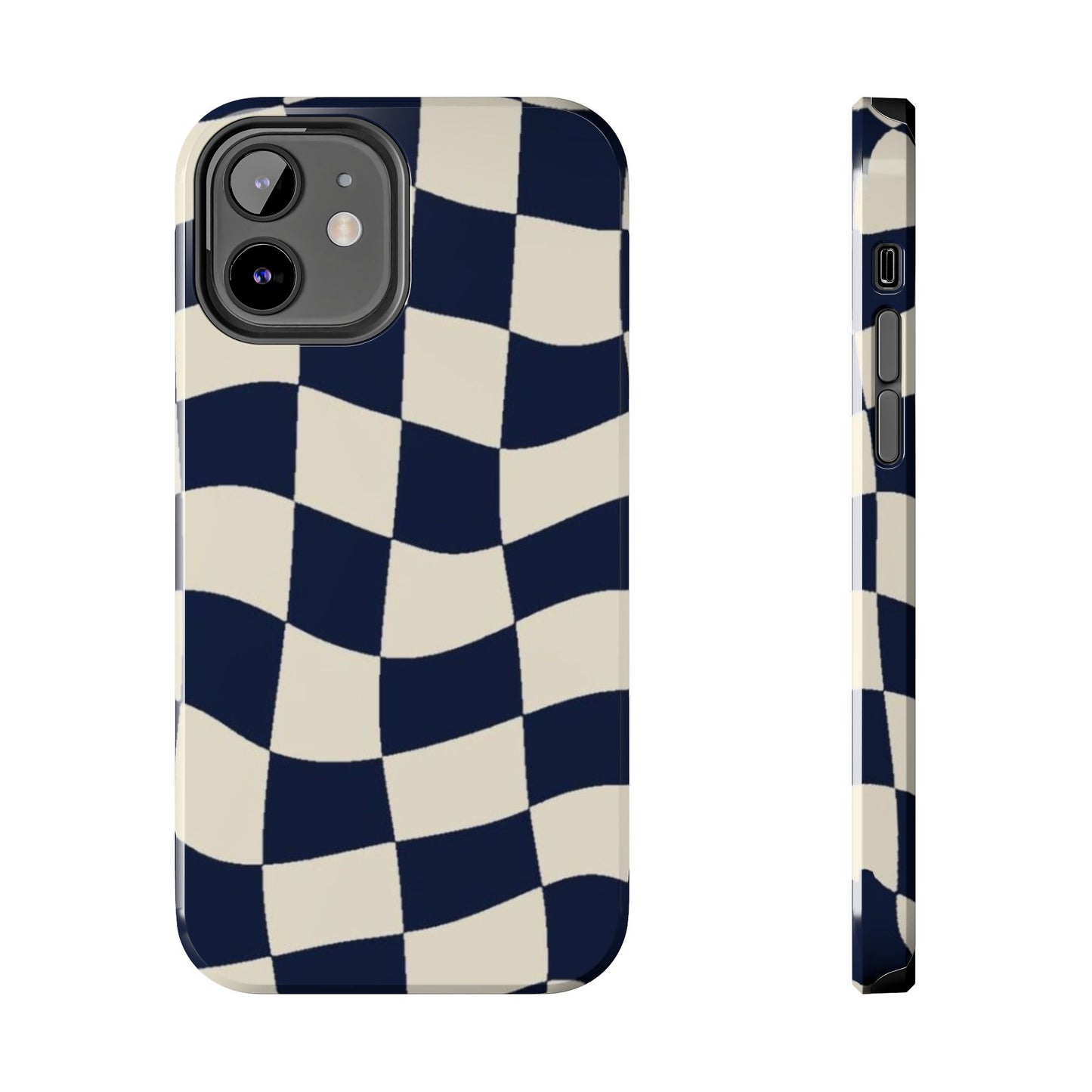 Wavy Checkerboard Tough Phone Case — Navy & Cream Protective Cover