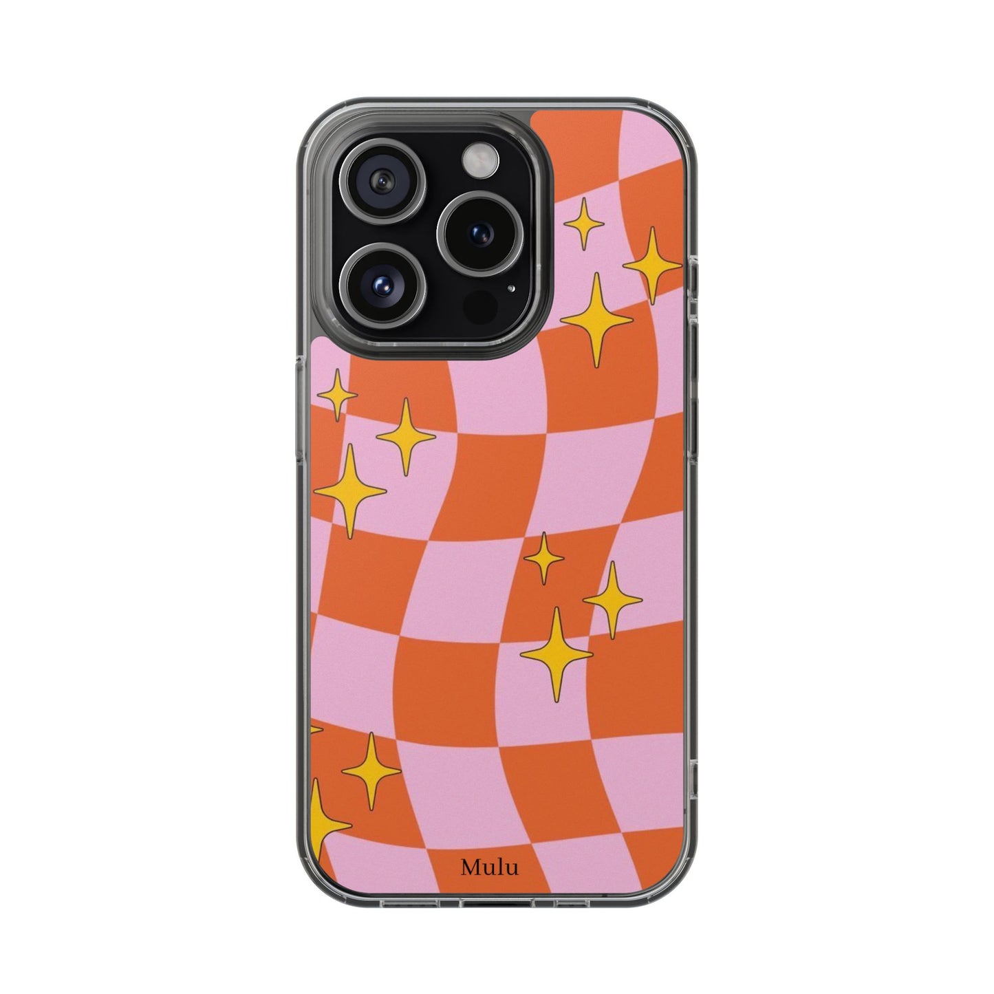 Clear Impact-Resistant Case — Retro Pink & Orange Checker with Sparkle Stars
