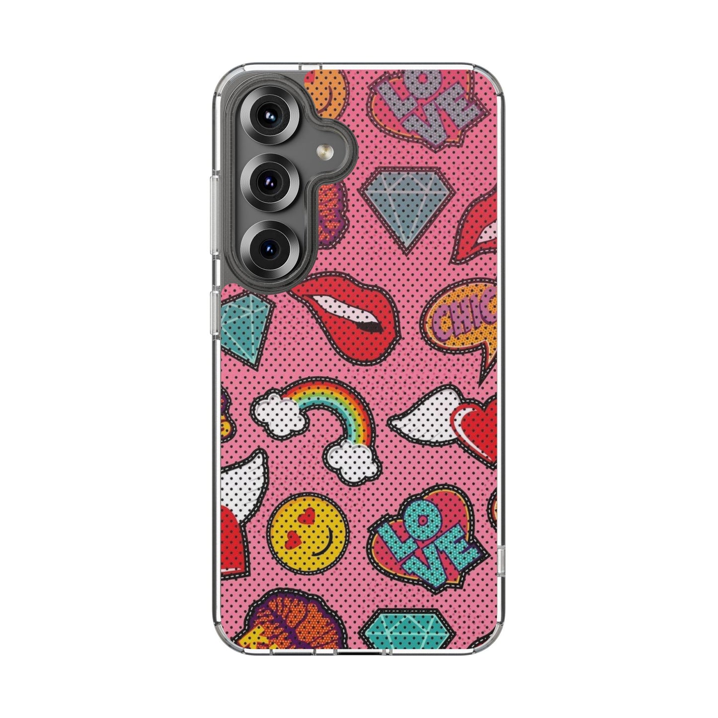 Clear Impact-Resistant Phone Case — Pink Pop Sticker Pattern (Hearts, Rainbows, Smileys)