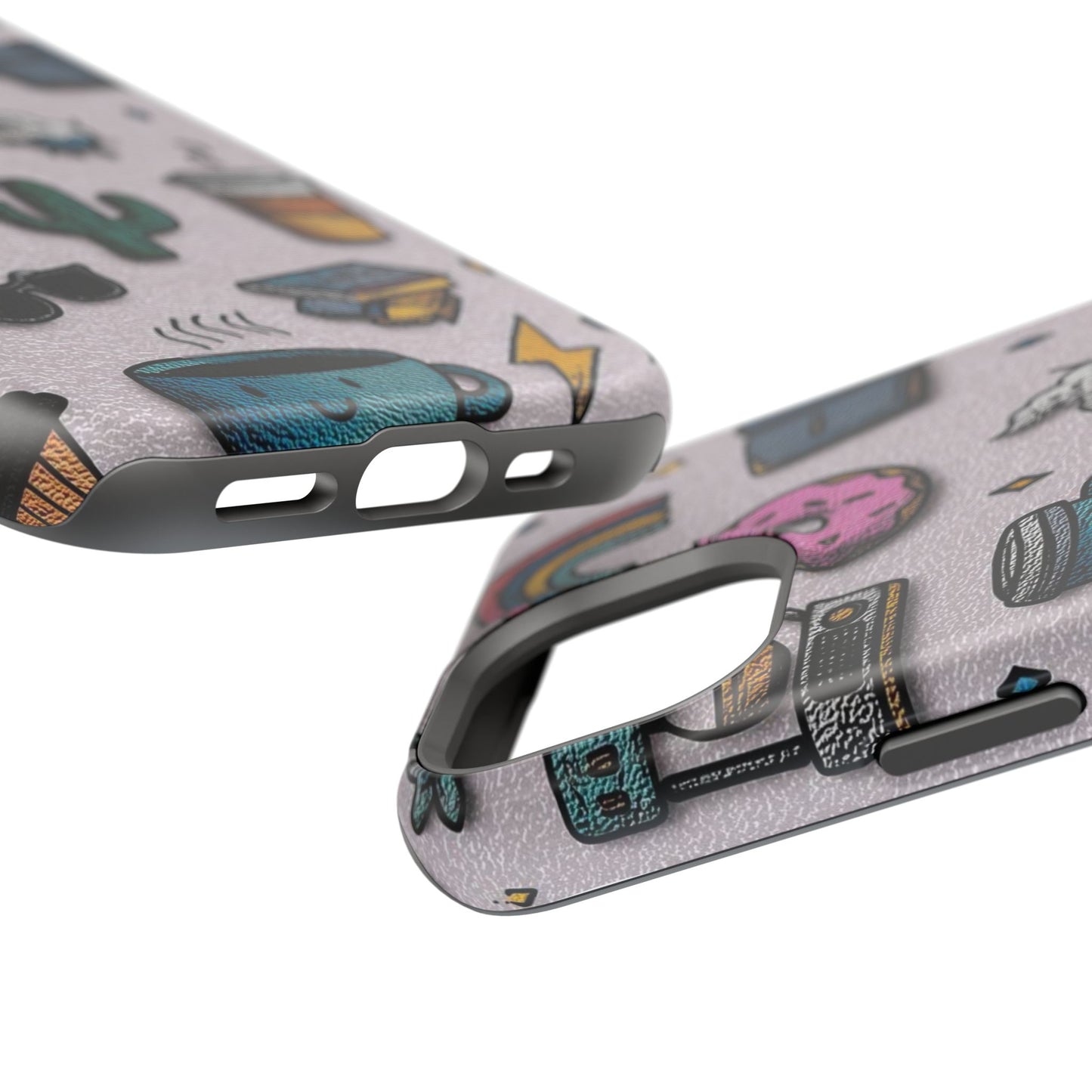 Cute Doodle Phone Case — Magnetic Impact-Resistant Design (coffee, rainbow, cactus)