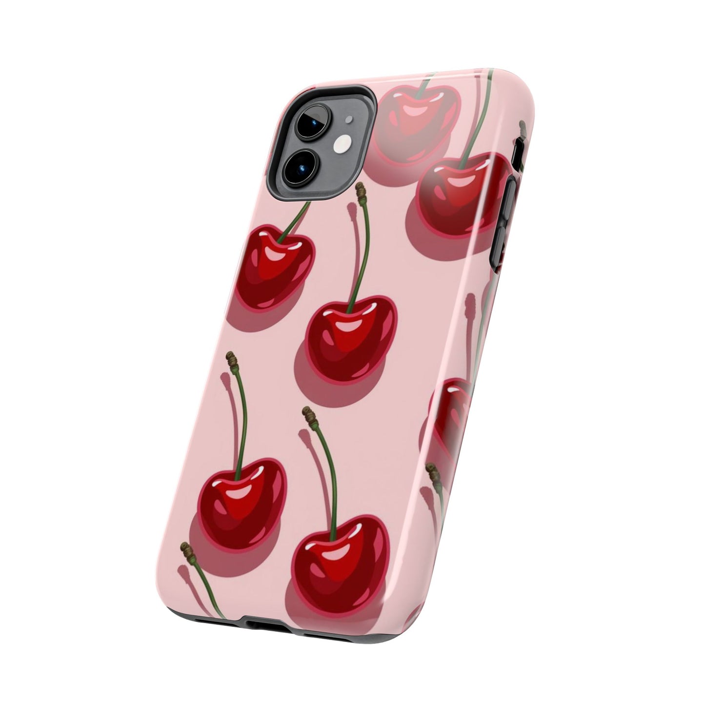 Cherry Pattern Tough Phone Case — Retro Pink Cherry Print Protective Phone Case
