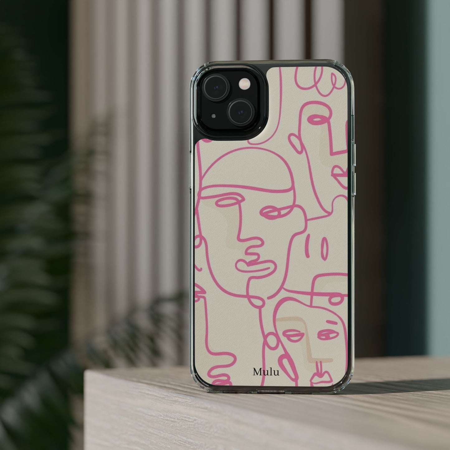 Clear Impact-Resistant Phone Case — Pink Minimalist Line Faces Design