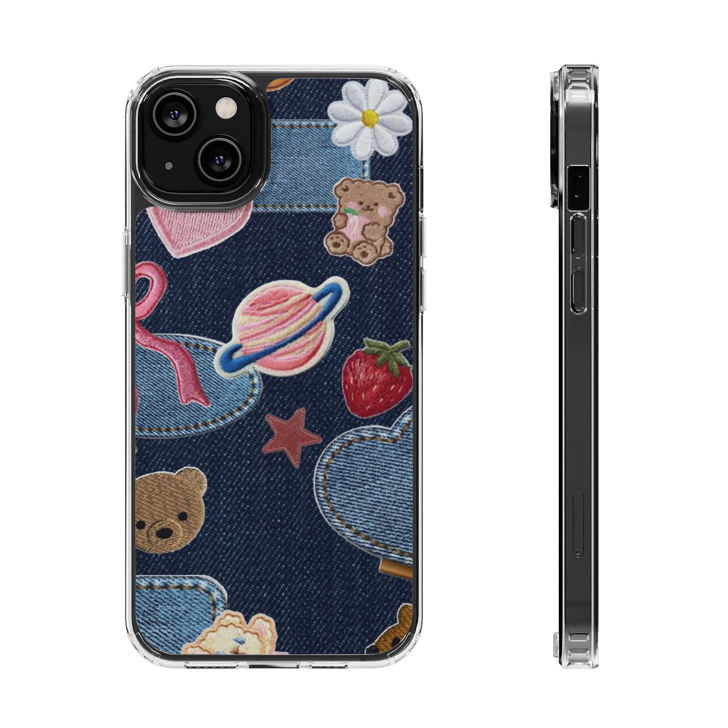 Clear Impact-Resistant Phone Case — Cute Denim Patch Collage (Teddy, Strawberry, Planet)
