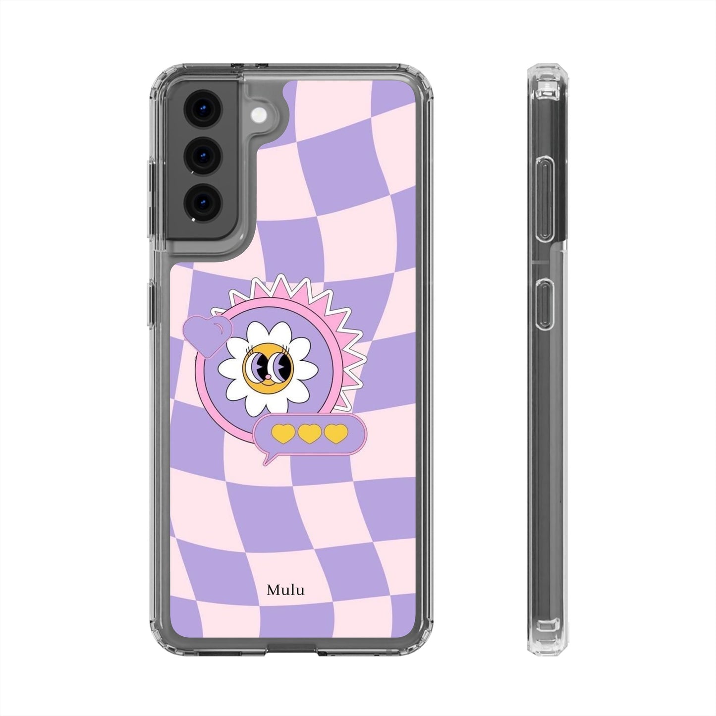 Clear Impact-Resistant Case — Cute Purple Checkerboard Dino with 'Mulu'
