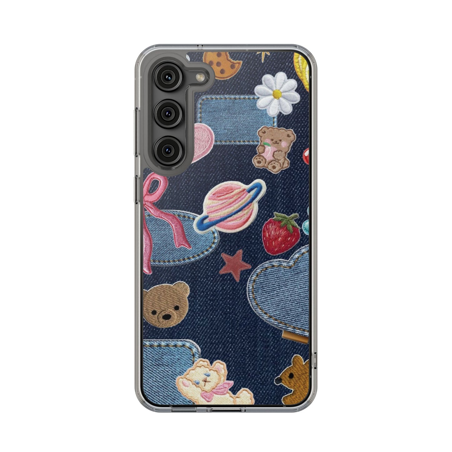 Clear Impact-Resistant Phone Case — Cute Denim Patch Collage (Teddy, Strawberry, Planet)