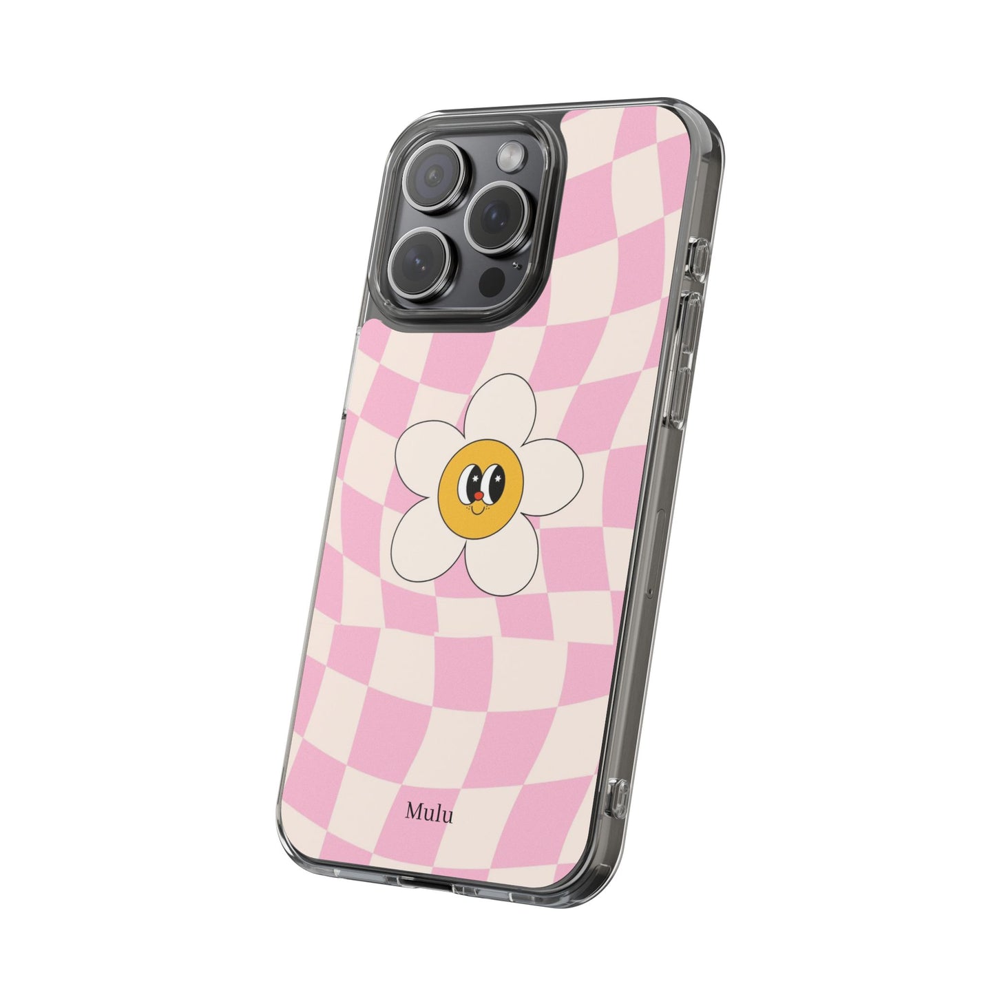 Clear Impact-Resistant Phone Case — Pink Checkerboard Daisy Design