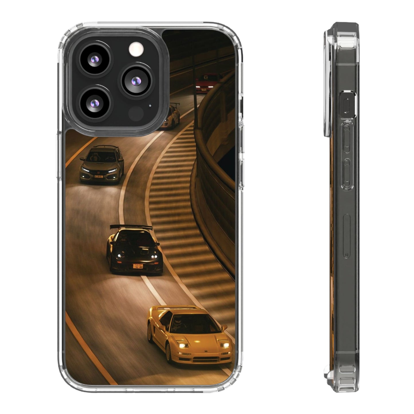 Racing Night Clear Phone Case – Sports Cars on Curved Highway
