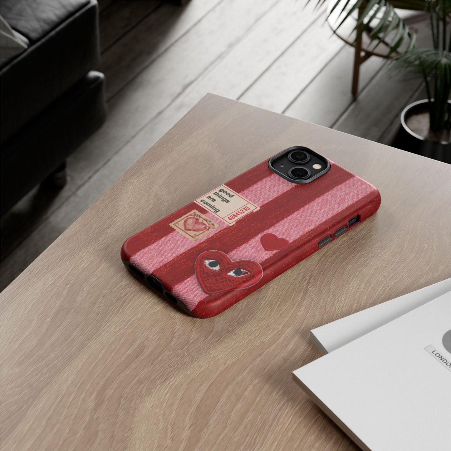 Phone Case — Red Striped Heart Design with “Good Things Are Coming”