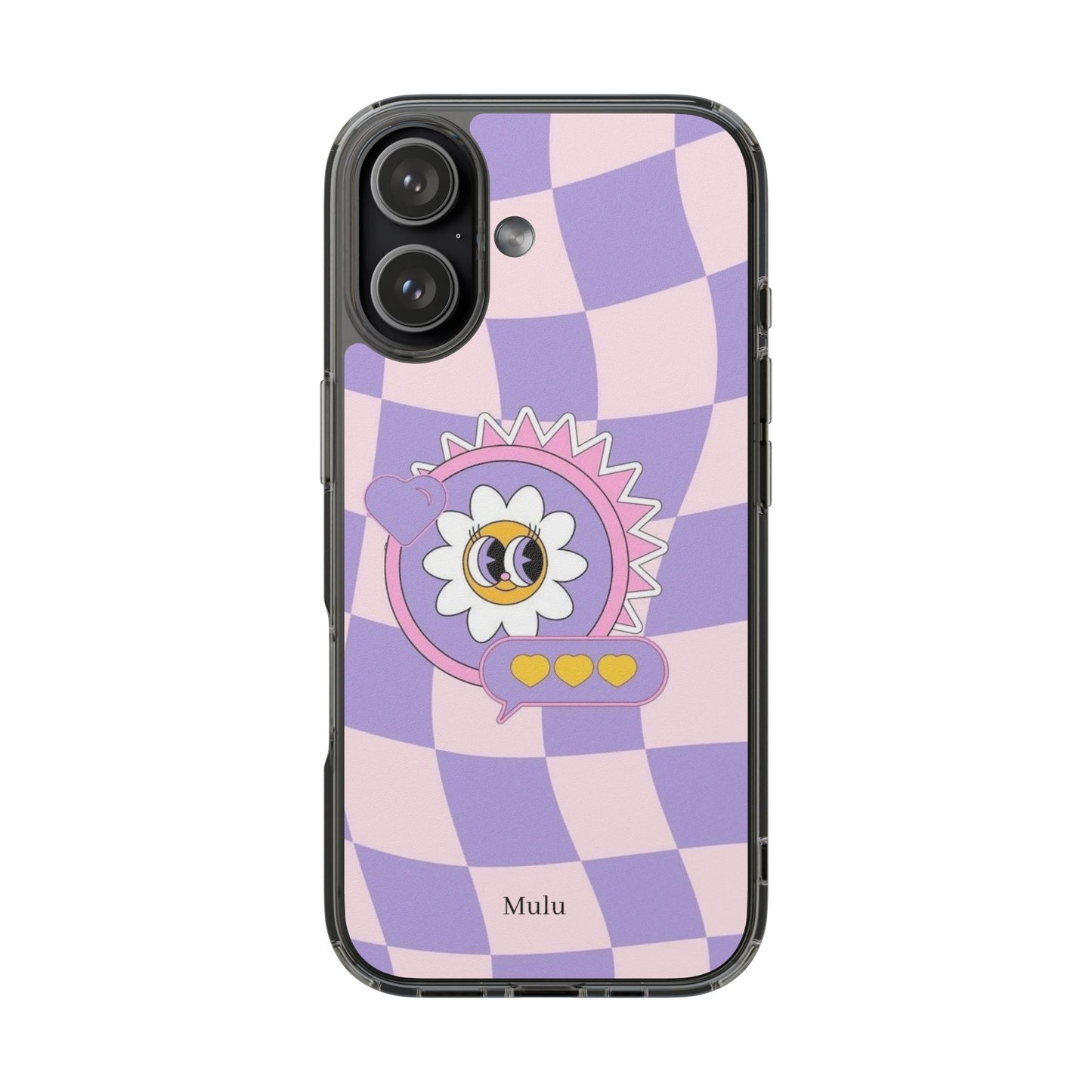 Clear Impact-Resistant Case — Cute Purple Checkerboard Dino with 'Mulu'