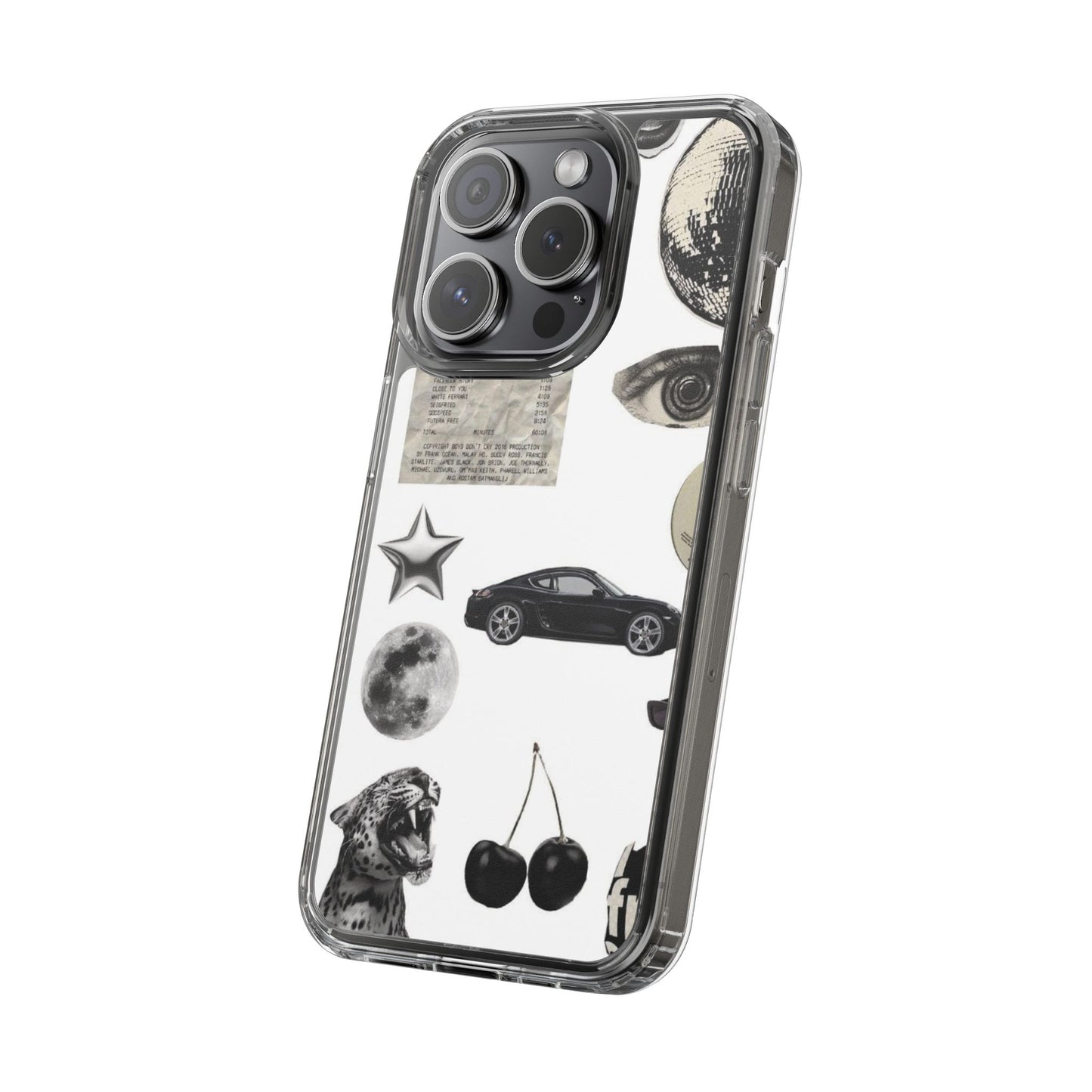 Clear Phone Case — Vintage Collage Stickers (Moon, Eye, Car, Cherries)