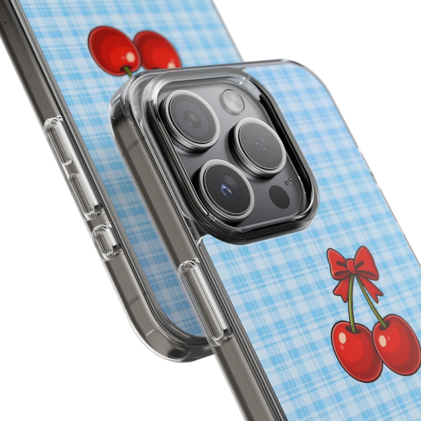 Clear Cherry Gingham Phone Case — Impact-Resistant Clear Case with Red Cherry Design