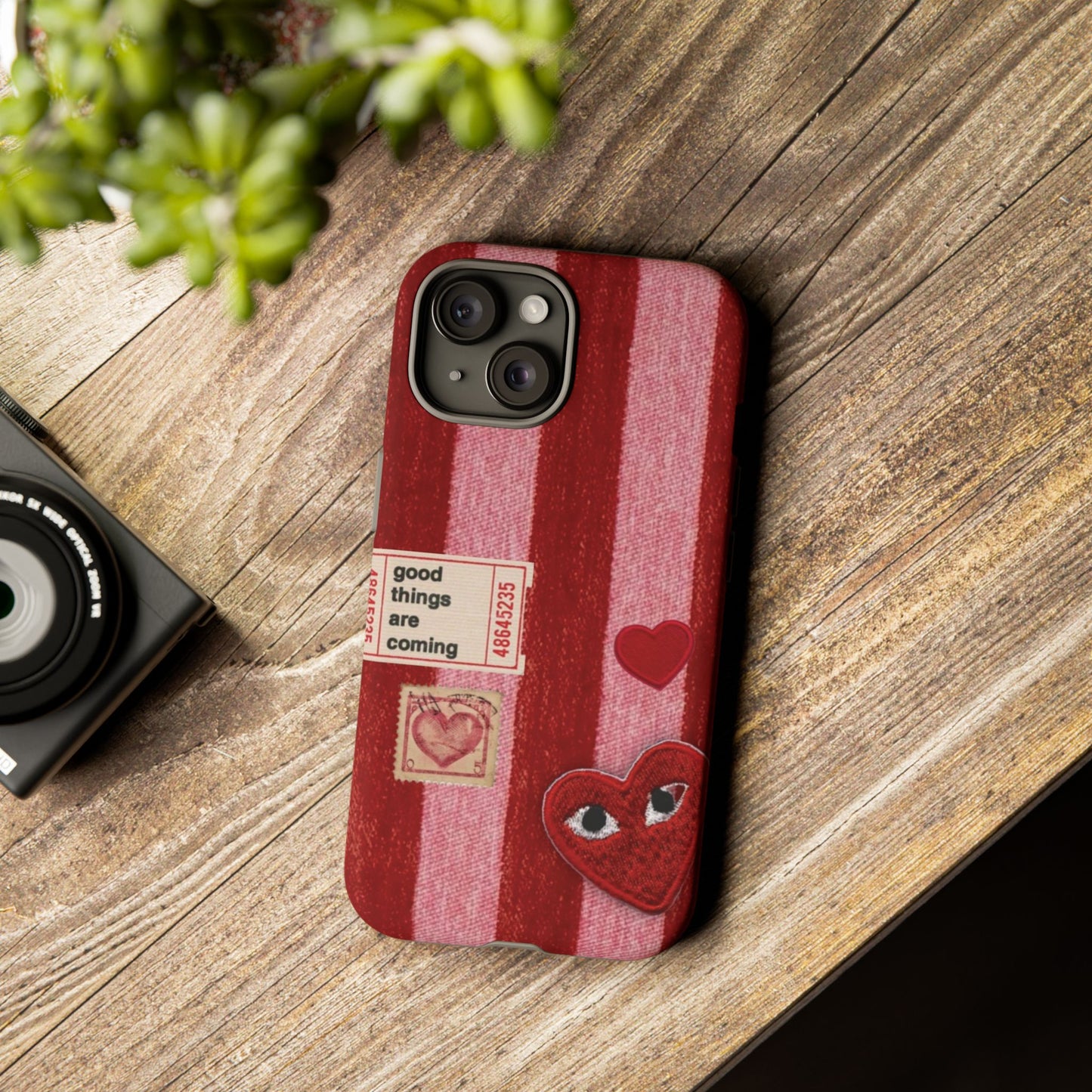 Phone Case — Red Striped Heart Design with “Good Things Are Coming”