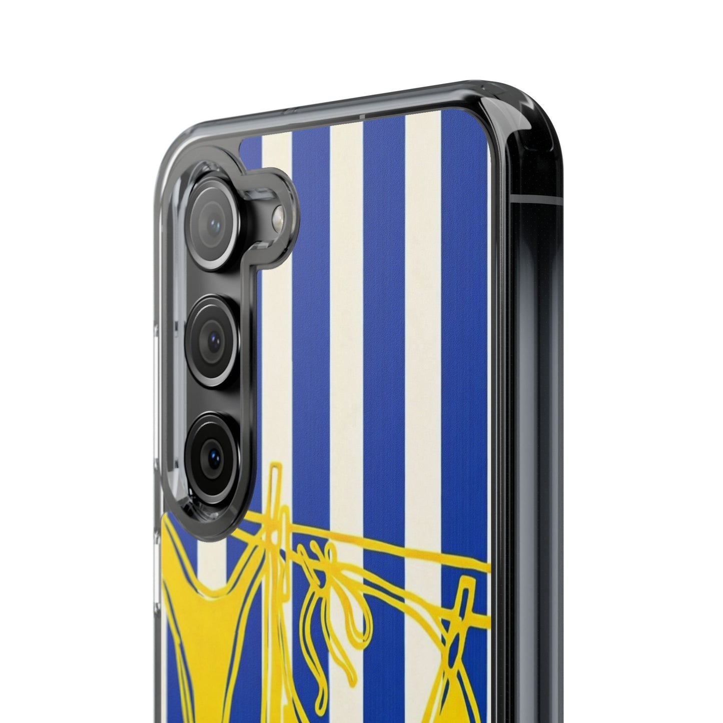 Striped Beach Bikini Phone Case — Yellow Swimwear on Blue & White Stripes, Clear Impact-Resistant