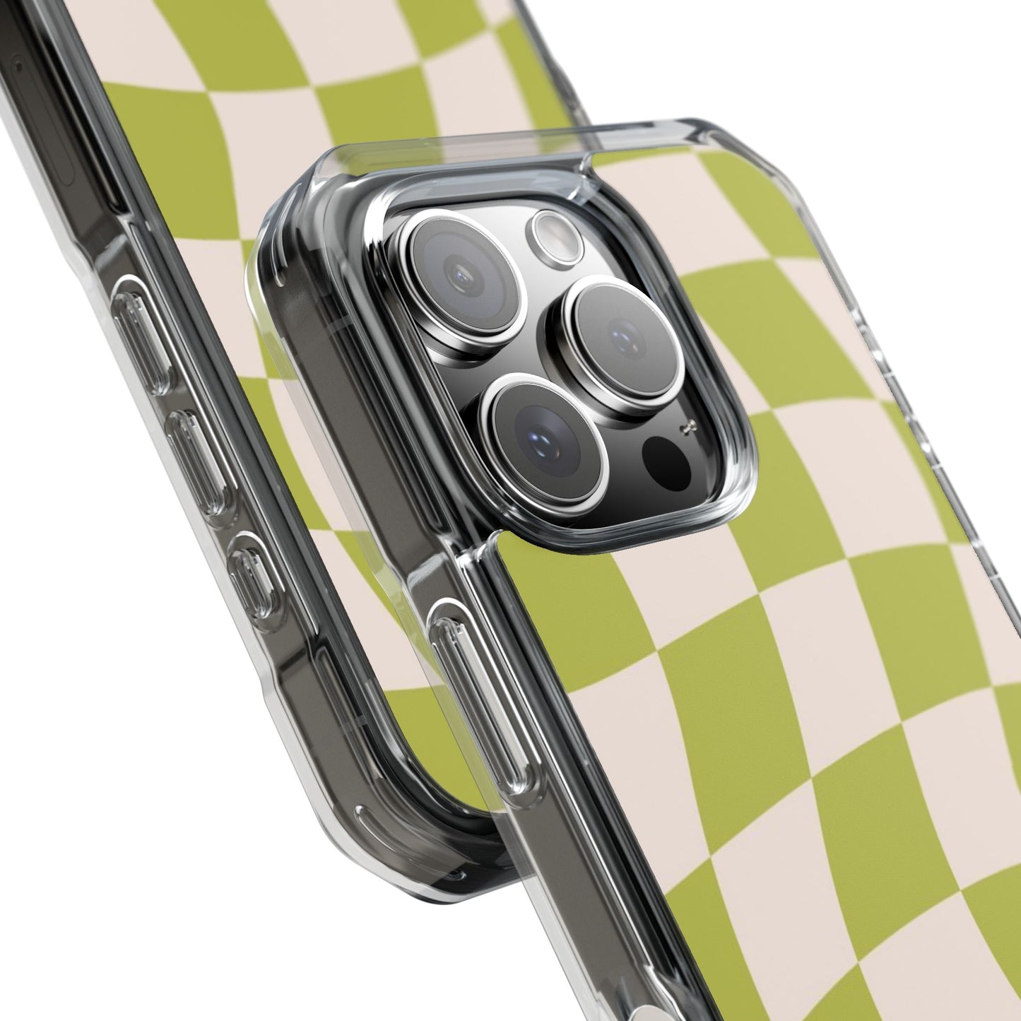 Clear Magnetic Phone Case — Olive Retro Check Pattern