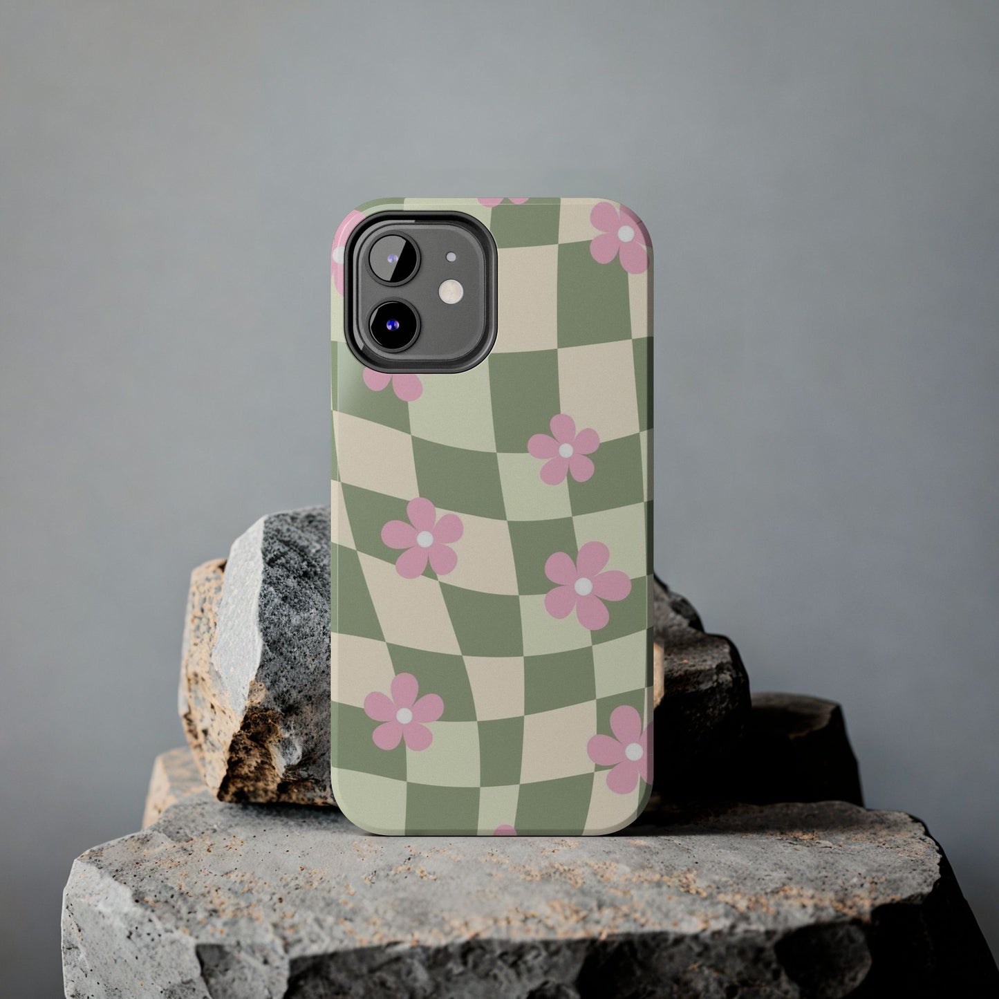 Tough Phone Case — Retro Green Checkerboard with Pink Flowers