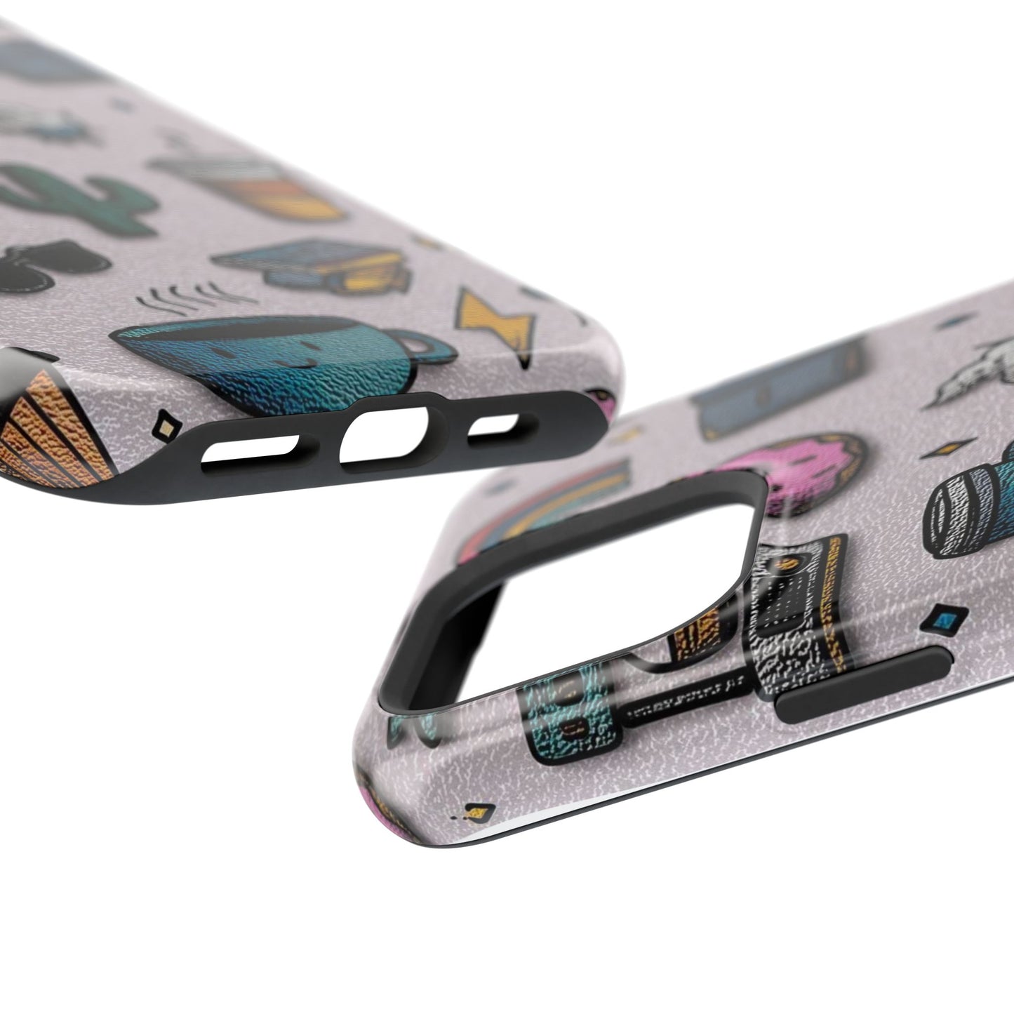 Cute Doodle Phone Case — Magnetic Impact-Resistant Design (coffee, rainbow, cactus)