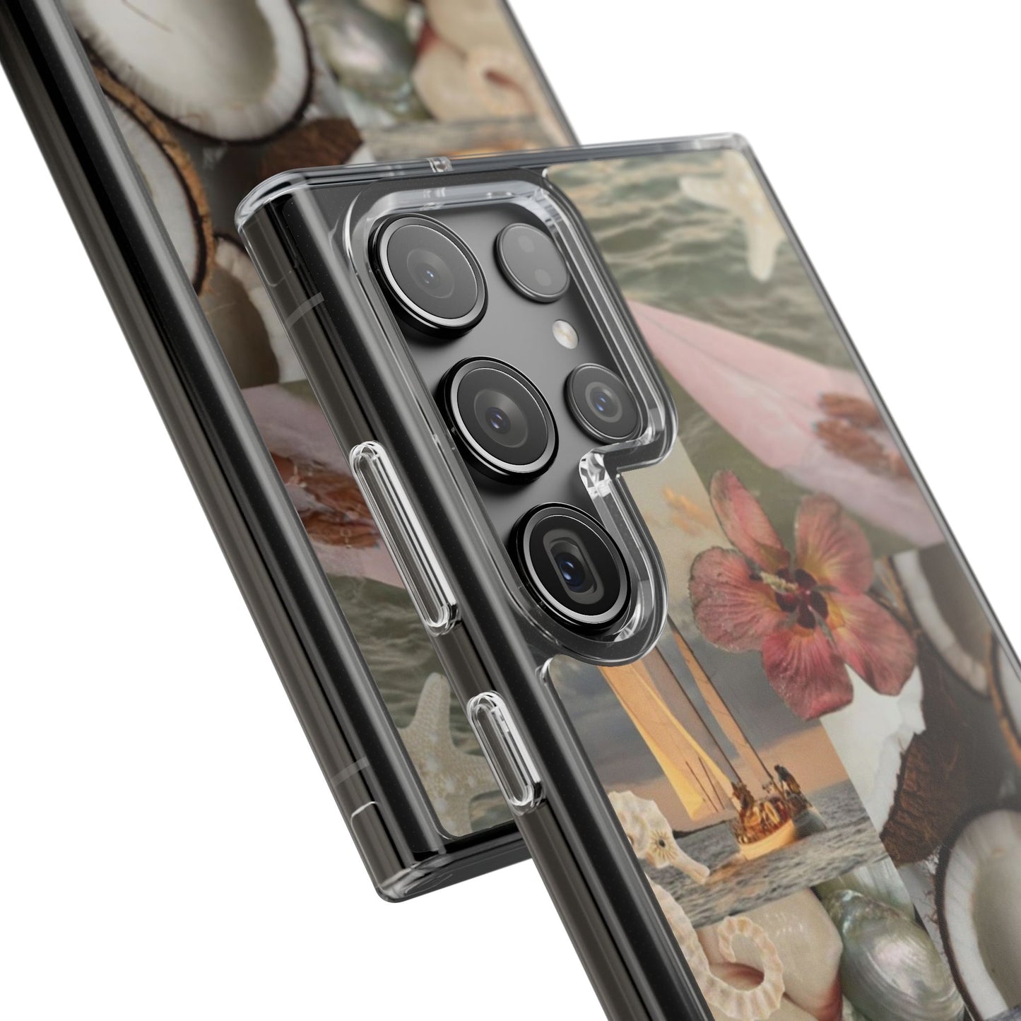Clear Phone Case — Coastal Collage Shells & Surf Design