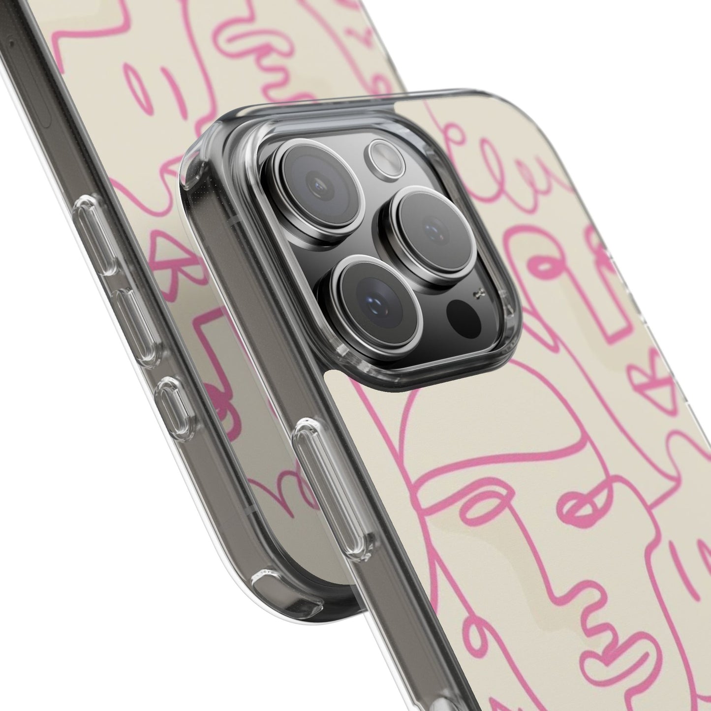 Clear Impact-Resistant Phone Case — Pink Minimalist Line Faces Design