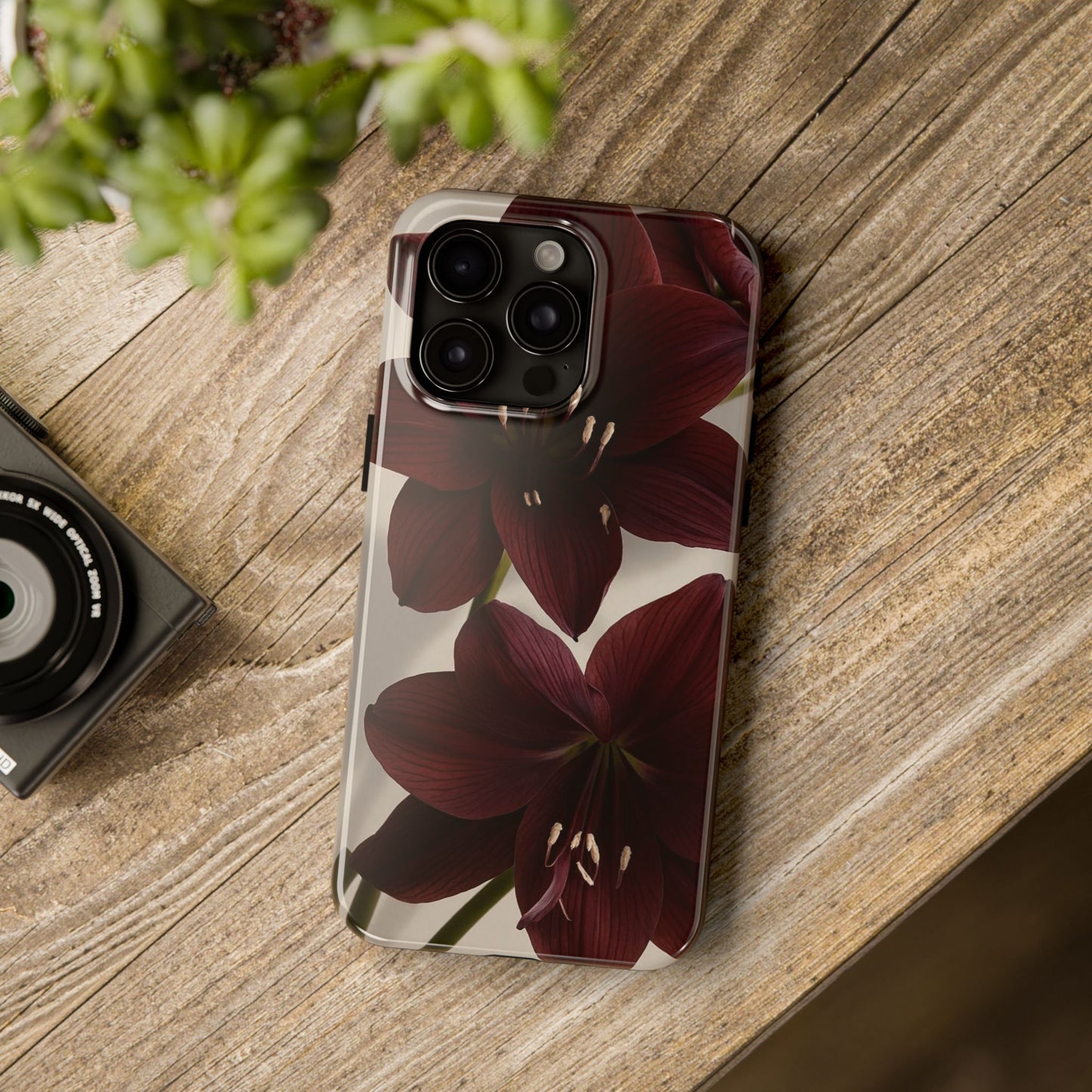 Amaryllis Noir Tough Phone Case — Dark Burgundy Floral Protective Cover