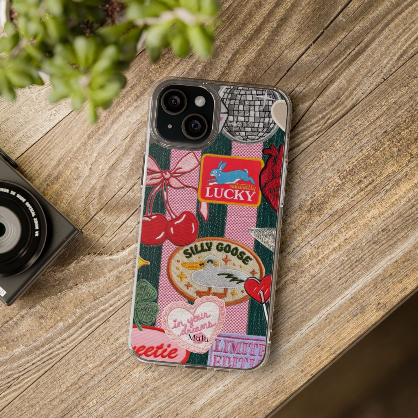 Clear Impact-Resistant Phone Case — Retro Patchwork Stickers (Lucky, Cherries, Silly Goose)