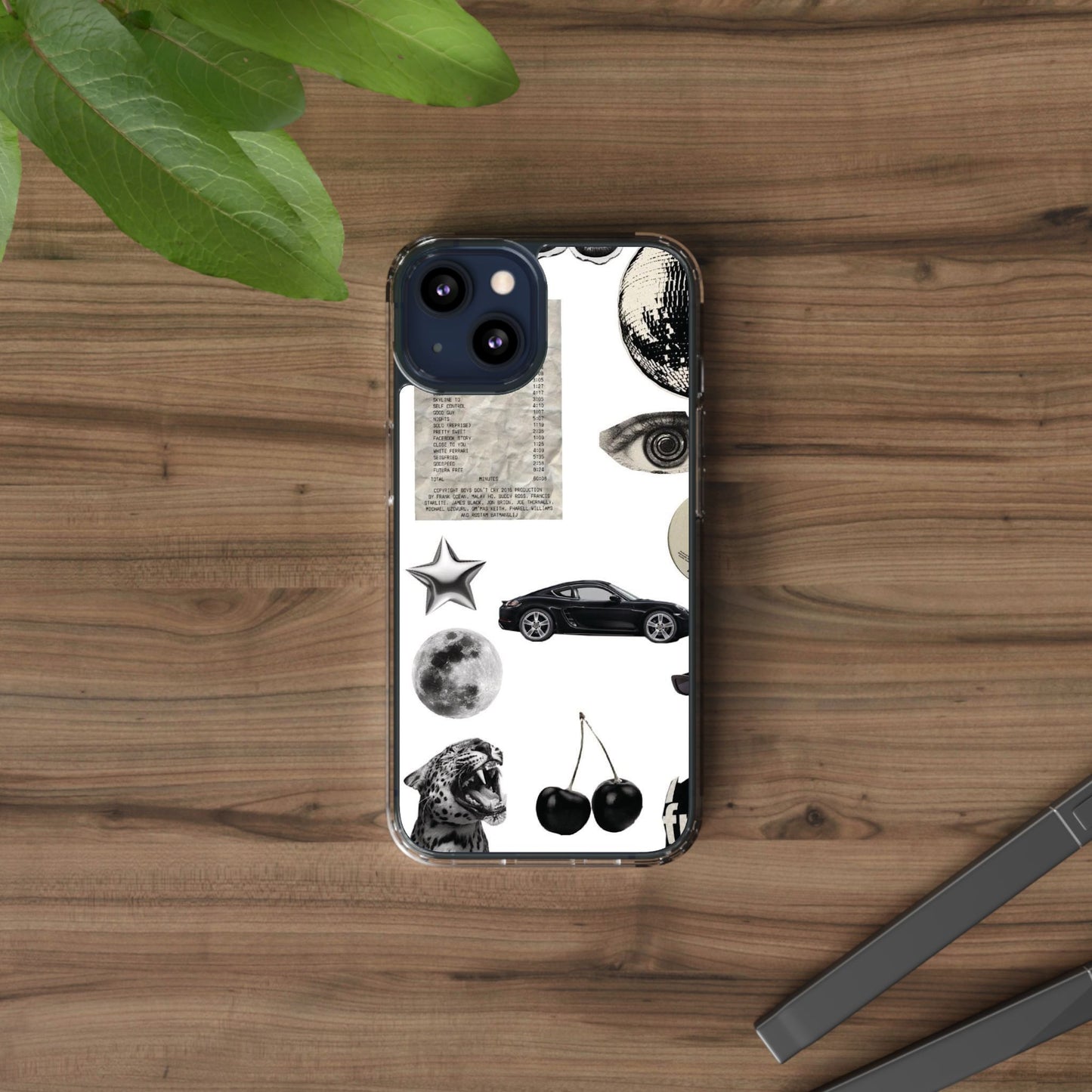 Clear Phone Case — Vintage Collage Stickers (Moon, Eye, Car, Cherries)