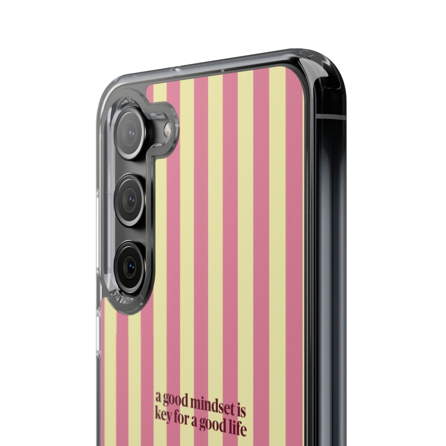 Striped Clear Phone Case — "A Good Mindset Is Key for a Good Life" Motivational iPhone Case