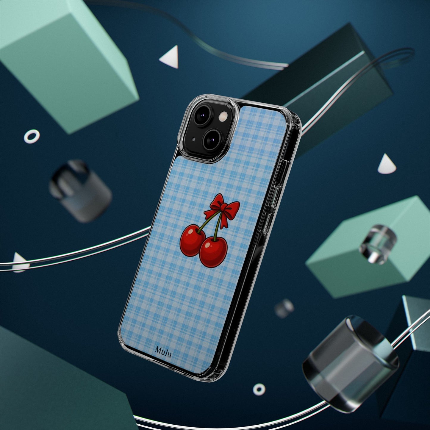 Clear Cherry Gingham Phone Case — Impact-Resistant Clear Case with Red Cherry Design