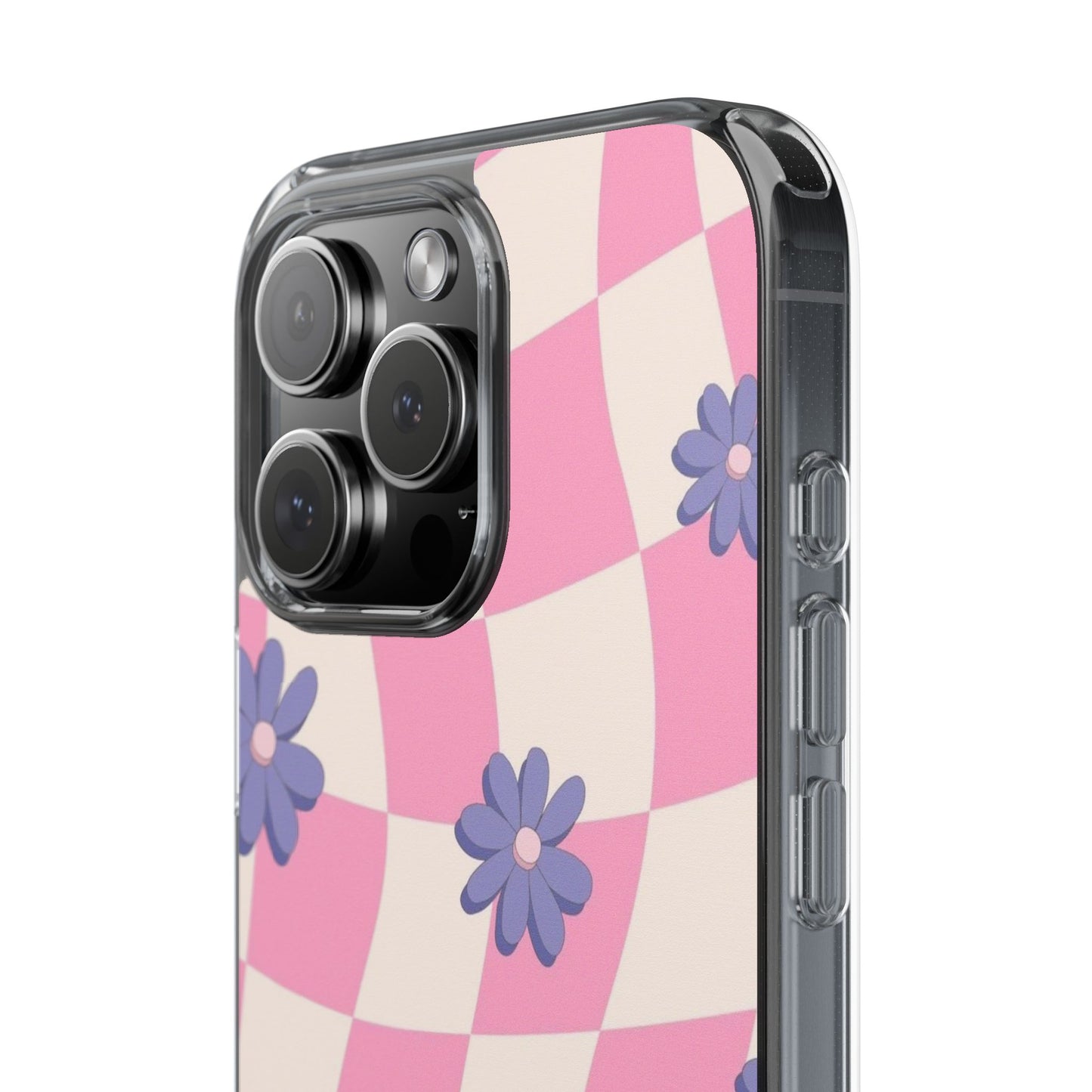 Clear Impact Phone Case — Pink Checkerboard with Purple Flowers