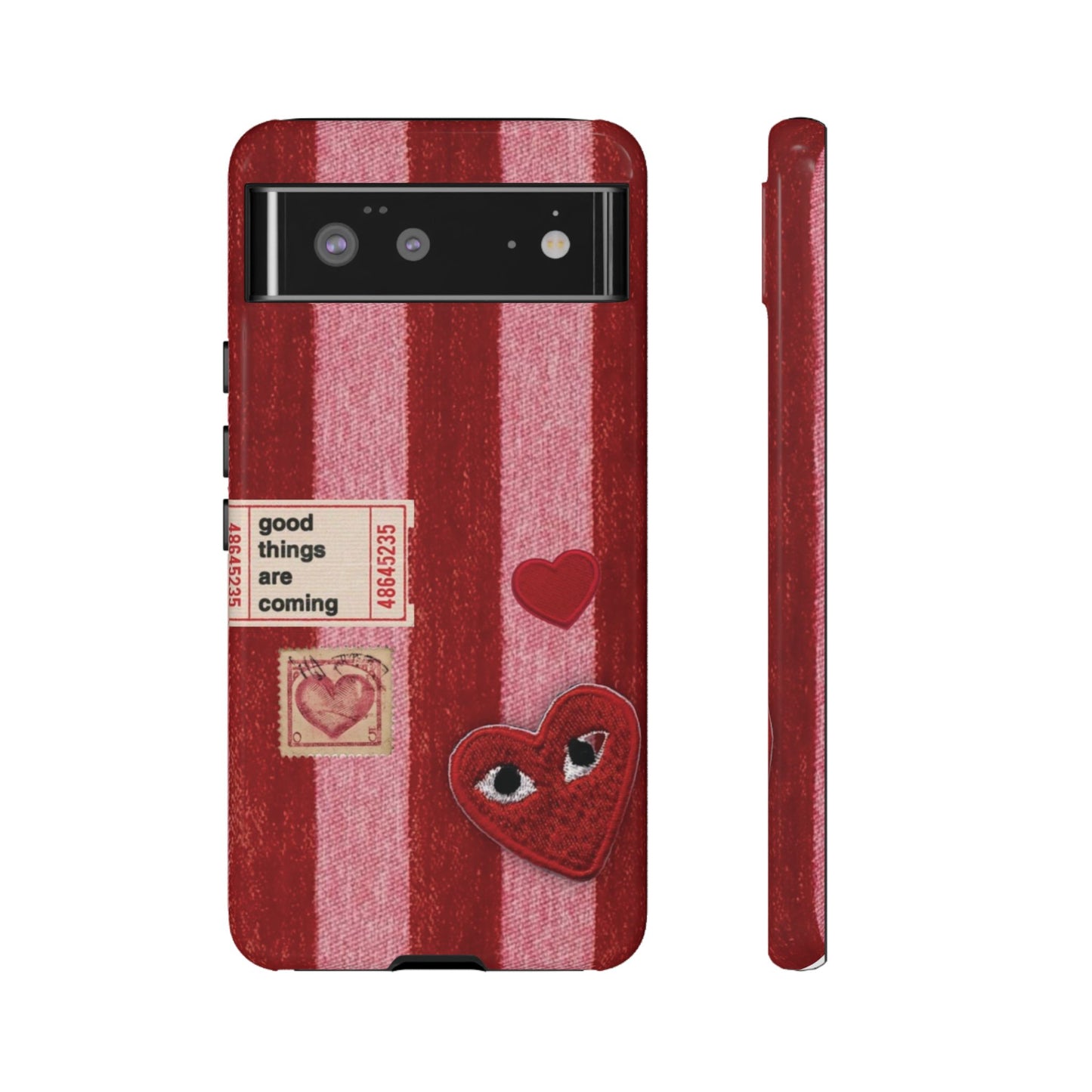 Phone Case — Red Striped Heart Design with “Good Things Are Coming”