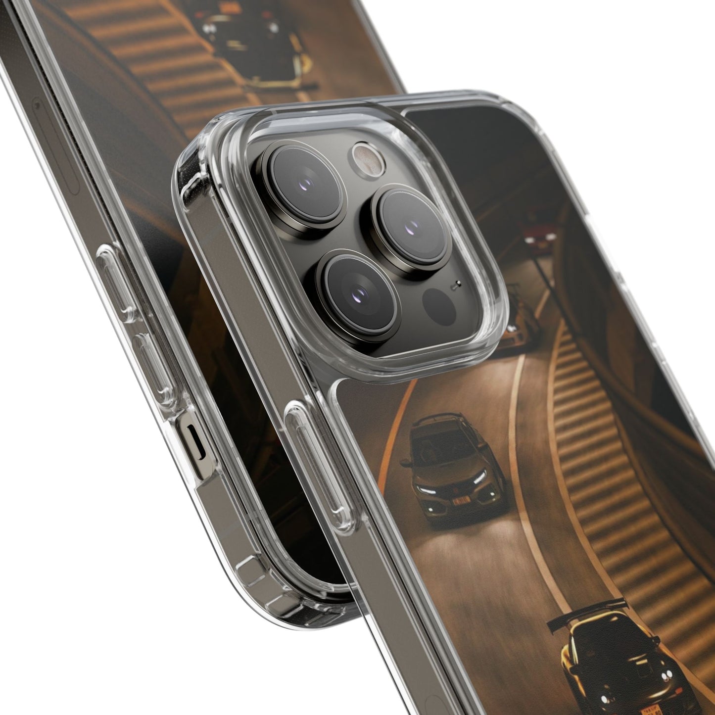 Racing Night Clear Phone Case – Sports Cars on Curved Highway