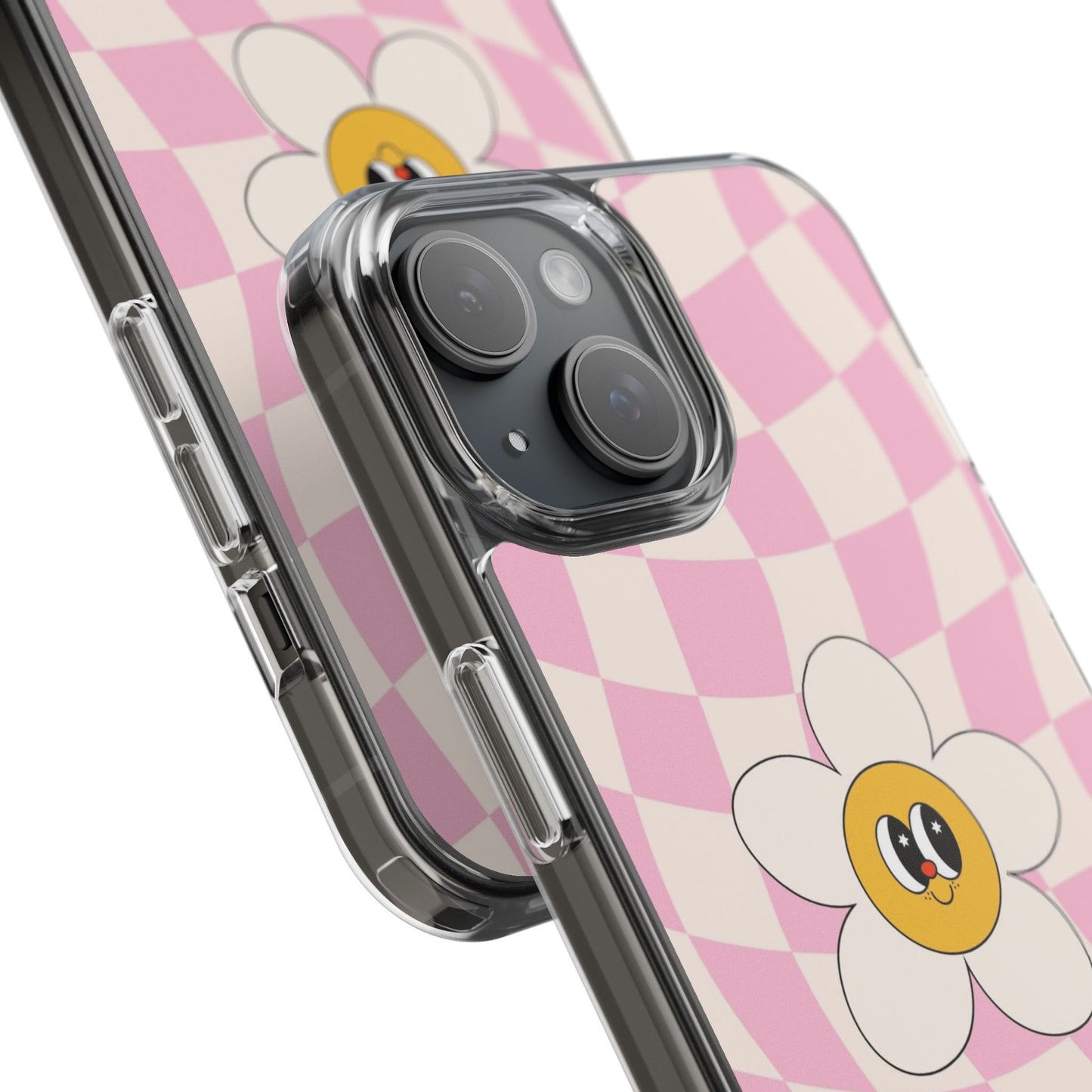 Clear Impact-Resistant Phone Case — Pink Checkerboard Daisy Design