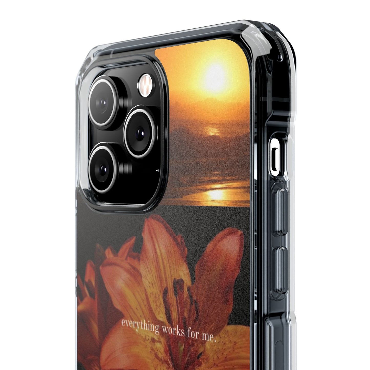 Clear Magnetic Phone Case — Sunset Lily Design ("anything waits for you")